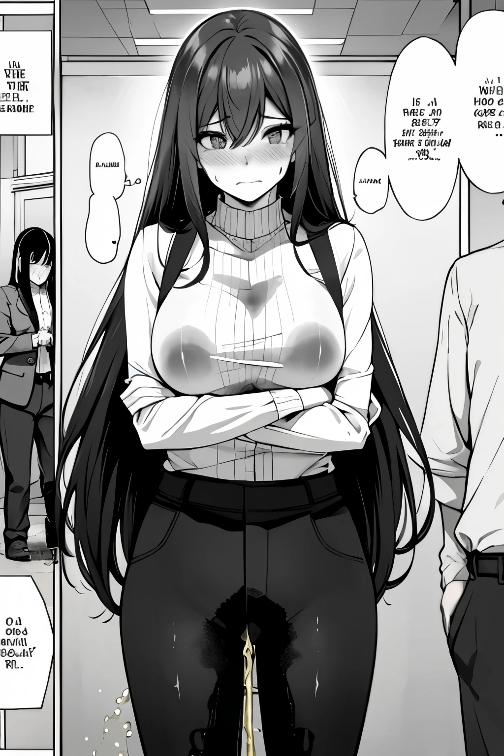 A woman with very long (black hair:1.5), wearing a business outfit consisting of a suit and tight pants, stands in a (monochrome:1.25) setting. The artwork is inspired by manga and incorporates a doujin style. The woman appears to be (wetting herself:1.5), which causes her to feel embarrassed and humiliated, resulting in a blush on her face. In addition, there is an air of anger in her expression. The lighting in the scene is moody, with a spotlight highlighting the woman's figure. She is crossing her arms, (arms crossed:1.5), fully showcasing her pants., medium breasts