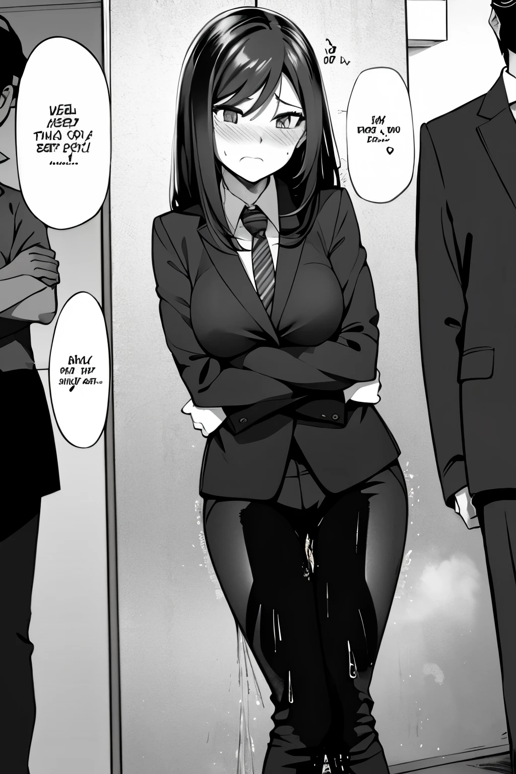 A woman with very long (black hair:1.5), wearing a business outfit consisting of a suit and tight pants, stands in a (monochrome:1.25) setting. The artwork is inspired by manga and incorporates a doujin style. The woman appears to be (wetting herself:1.5), which causes her to feel embarrassed and humiliated, resulting in a blush on her face. In addition, there is an air of anger in her expression. The lighting in the scene is moody, with a spotlight highlighting the woman's figure. She is crossing her arms, (arms crossed:1.5), fully showcasing her pants., medium breasts