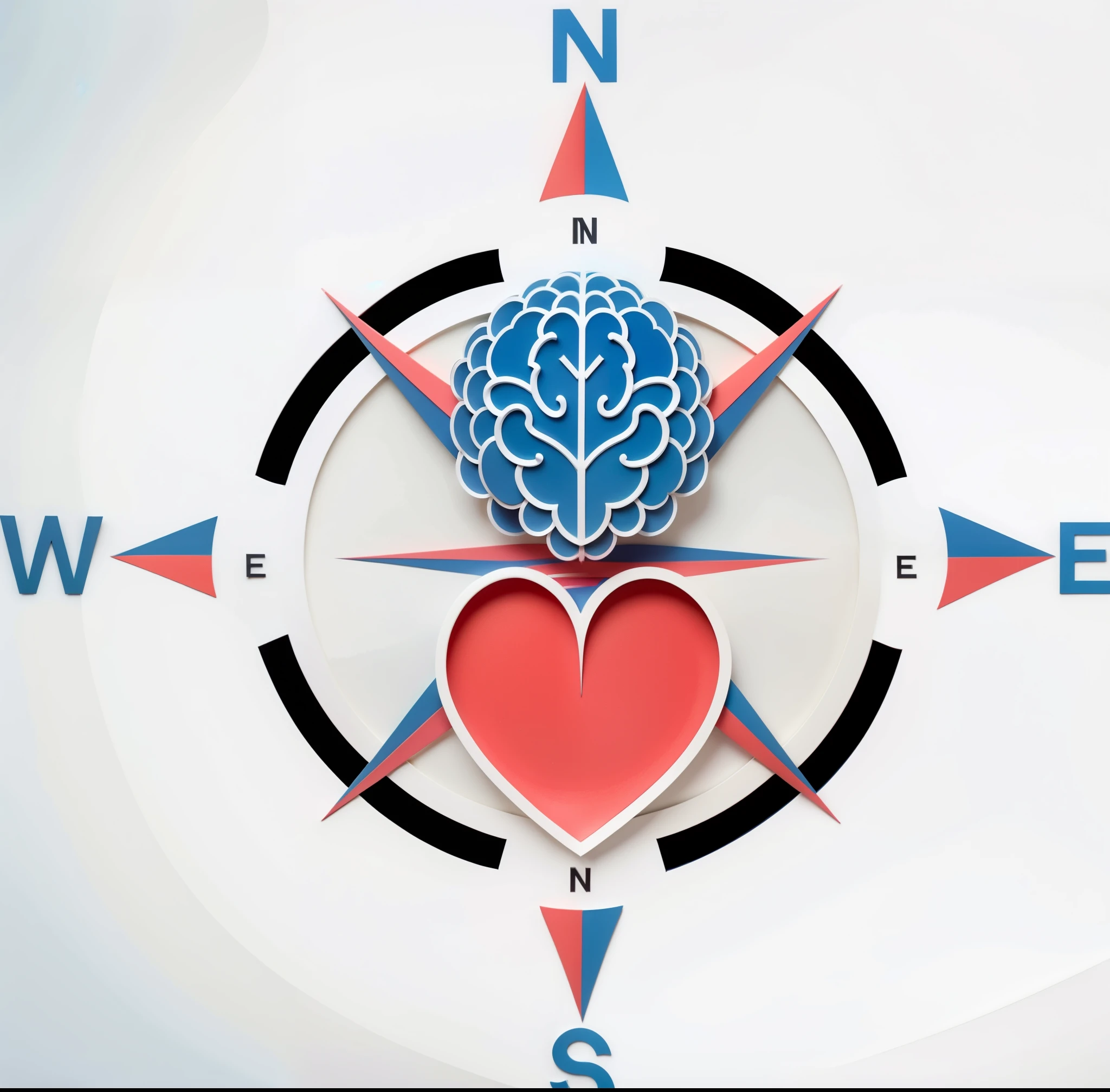 A logo for a company specializing in human resources where the elements are made up of a compass, in the center of this compass there is a drawing of a brain at the top next to the letter N which represents north and below, within the circle, a heart oriented towards the south of the compass the colors used are blue, red and black. a close up of a compass with heart and brain, mechanical heart in center, connected to heart machines, conscience projection, head is Centrado, Centrado in picture, Compass energy flowing, well Centrado, inside the irradiated connection, Neuroscience, complex emotion, video still, easy to understand, mente, Centrado, imagem de perfil, conscience. Logo of a company specializing in human resources where the elements are made up of a compass, in the center of this compass there is a drawing of a blue brain at the top next to the letter N which represents north and below, Inside the circle, a heart oriented towards the south of the compass the colors used are blue, vermelho e preto.