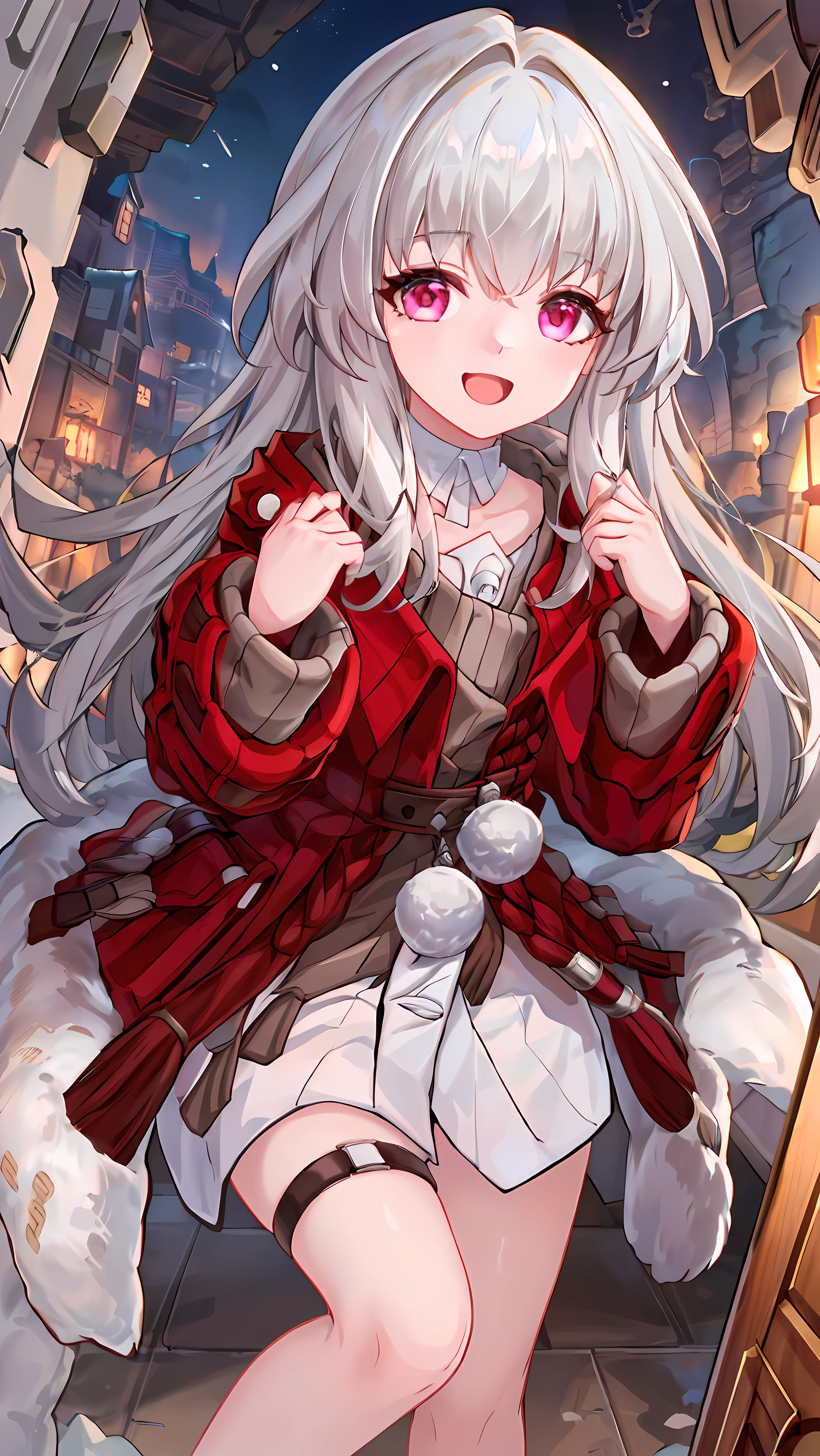 Star Clara, smile, Open your mouth, close your eyes, Long Hair, Long sleeve, bangs, belt, Red eyes, Gray Hair, Red jacket, Open jacket, White choker, White Dress, Single thigh strap, Fur trim, break (masterpiece:1.2), highest quality, High resolution, unity 8k wallpaper, (figure:0.8), (Beautiful fine grain:1.6), Highly detailed face, Perfect lighting, Highly detailed CG, (Perfect hands, Perfect Anatomy), break ((masterpiece,highest quality)), Super detailed, Shine, Shine, Ray Tracing, (Perfect Face, Detailed face, Fine grain, Perfect hands, Perfect Fingers:1.5), hd, Super cute face, highest quality, Super detailed, break Shine目, (Super fine), (Cute illustrations:1.3), (High chroma:1.3),, Beautiful detailed face and eyes, Dynamic lighting, (Very delicate and beautiful), break (Nice hands), (Perfect hands:1.4), Highly detailed illustration, Super cute and beautiful, highest quality, slender, 
