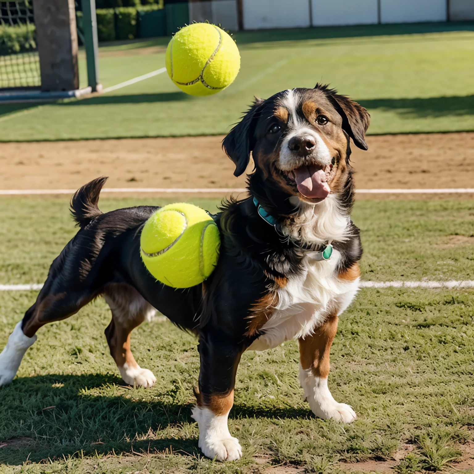 Dog breed shitzu, fofo, cor clara, with tongue out, sorrindo, with a tennis ball on the side, em cima da grama curta, in a children's park
