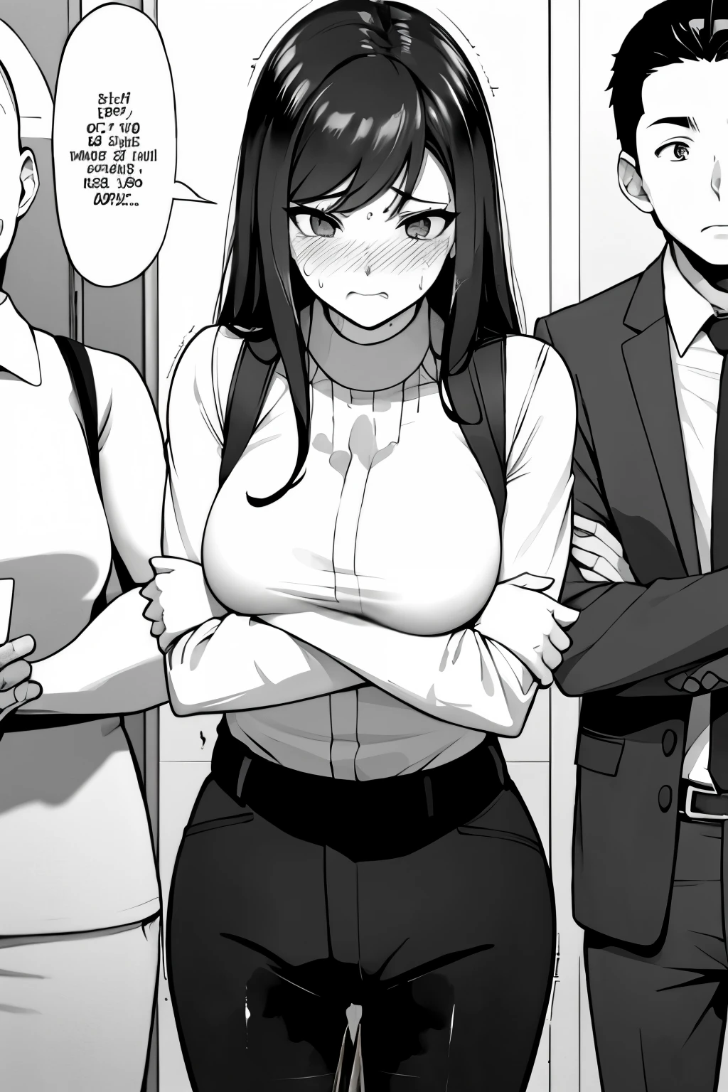 A woman with very long (black hair:1.5), wearing a business outfit consisting of a suit and tight pants, stands in a (monochrome:1.25) setting. The artwork is inspired by manga and incorporates a doujin style. The woman appears to be (wetting herself:1.5), which causes her to feel embarrassed and humiliated, resulting in a blush on her face. In addition, there is an air of anger in her expression. The lighting in the scene is moody, with a spotlight highlighting the woman's figure. She is crossing her arms, (arms crossed:1.5), fully showcasing her pants., medium breasts