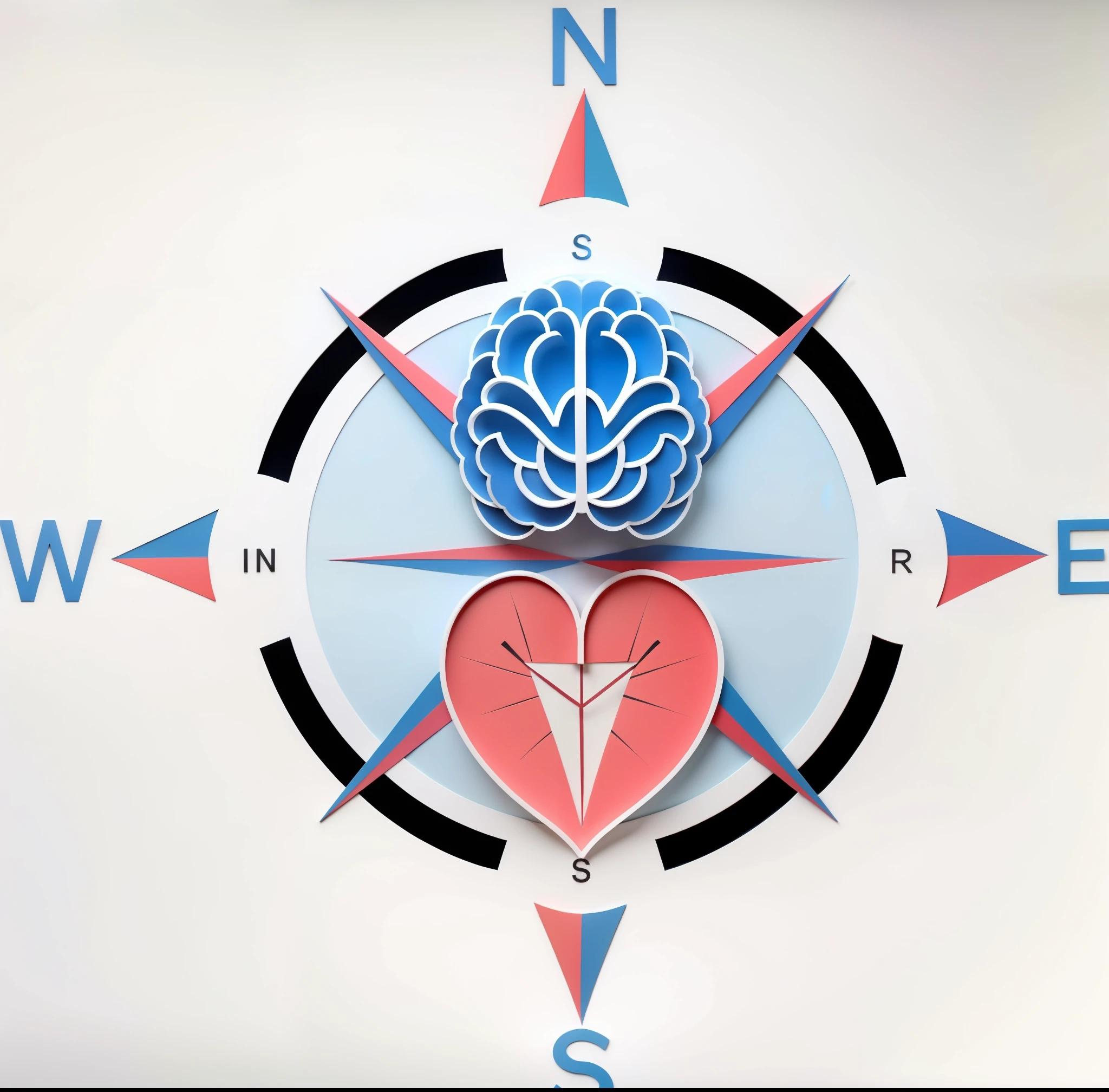 A logo for a company specializing in human resources where the elements are made up of a compass, in the center of this compass there is a drawing of a brain at the top next to the letter N which represents north and below, within the circle, a heart oriented towards the south of the compass the colors used are blue, red and black. a close up of a compass with heart and brain, mechanical heart in center, connected to heart machines, conscience projection, head is Centrado, Centrado in picture, Compass energy flowing, well Centrado, inside the irradiated connection, Neuroscience, complex emotion, video still, easy to understand, mente, Centrado, imagem de perfil, conscience. Logo of a company specializing in human resources where the elements are made up of a compass, in the center of this compass there is a drawing of a blue brain at the top next to the letter N which represents north and below, Inside the circle, a heart oriented towards the south of the compass the colors used are blue, vermelho e preto.