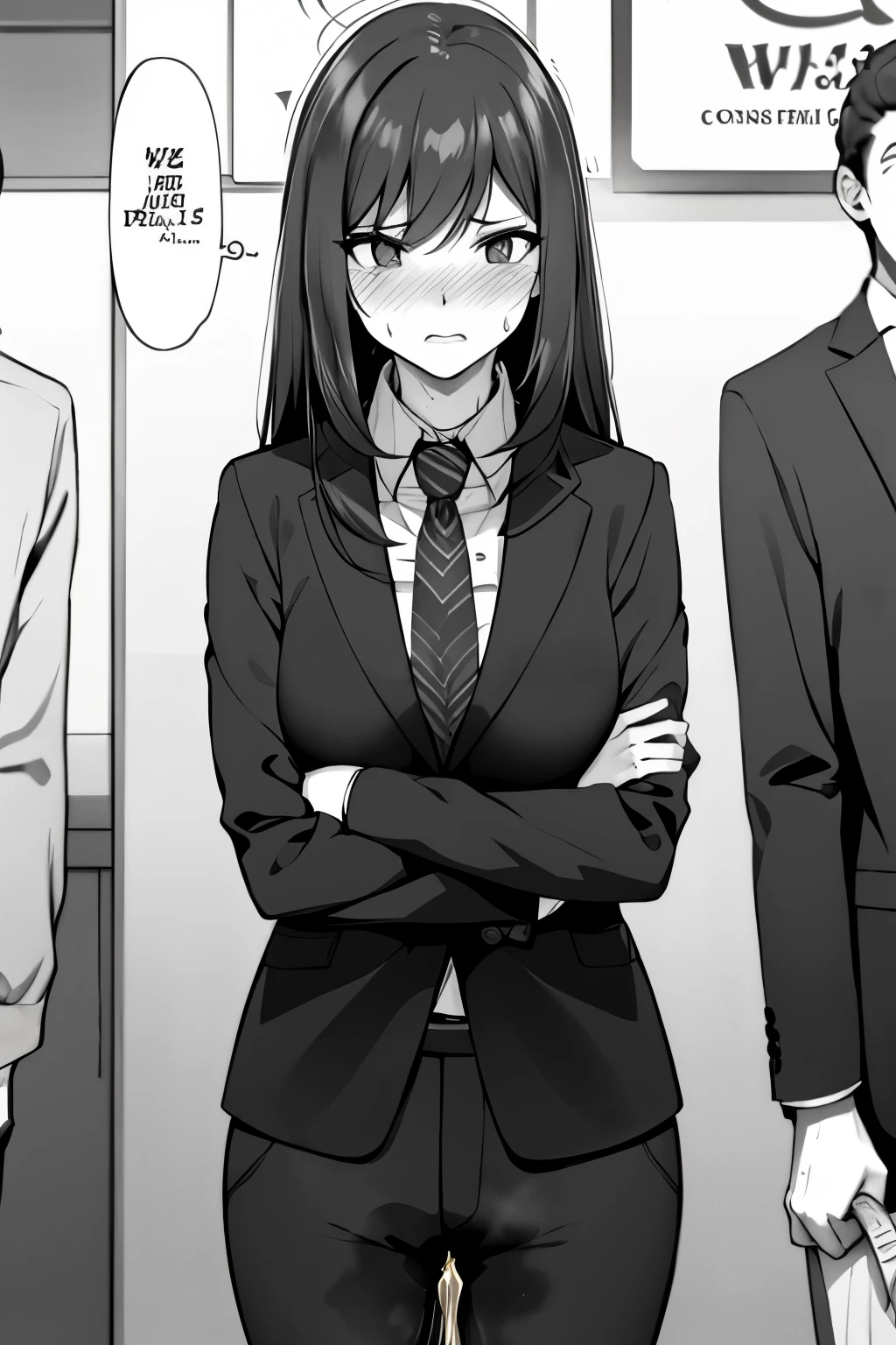 A woman with very long (black hair:1.5), wearing a business outfit consisting of a suit and tight pants, stands in a (monochrome:1.25) setting. The artwork is inspired by manga and incorporates a doujin style. The woman appears to be (wetting herself:1.5), which causes her to feel embarrassed and humiliated, resulting in a blush on her face. In addition, there is an air of anger in her expression. The lighting in the scene is moody, with a spotlight highlighting the woman's figure. She is crossing her arms, (arms crossed:1.5), fully showcasing her pants., medium breasts