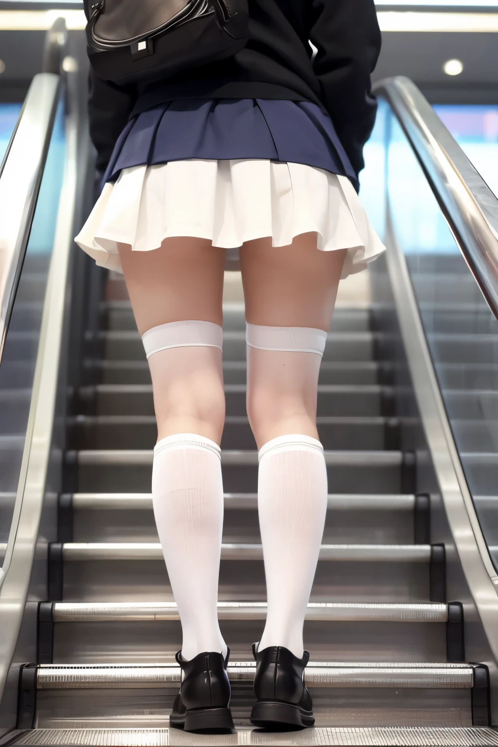 escalator、Short skirt、I can see her panties、Thighs、White knee-high socks、Lower body close-up、View from behind、Low camera angle