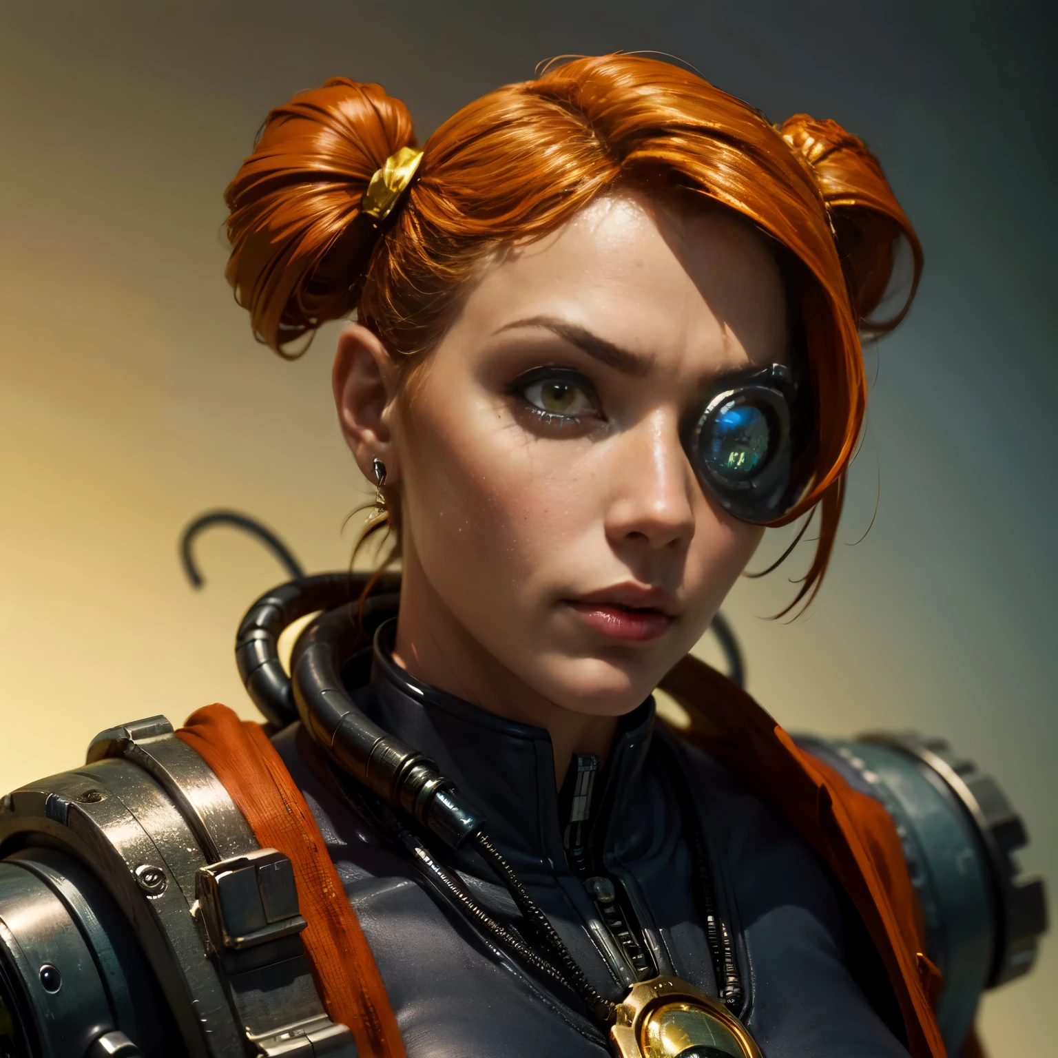 8k, (vibrant shadows), detailed eyes, (high quality), high detailed background, (realistic shadows), HD shadows, masterpiece, high detailed face, high detailed finger, young girl, mechanical arms, steampunk, red hoodrobe, techpriest, alisabl, blalisa, yellow hairpin, orange eyes, orange hair, short twintails, cinematic, realistic light, sci-fi warfield, bionic eye, wires, cyborg