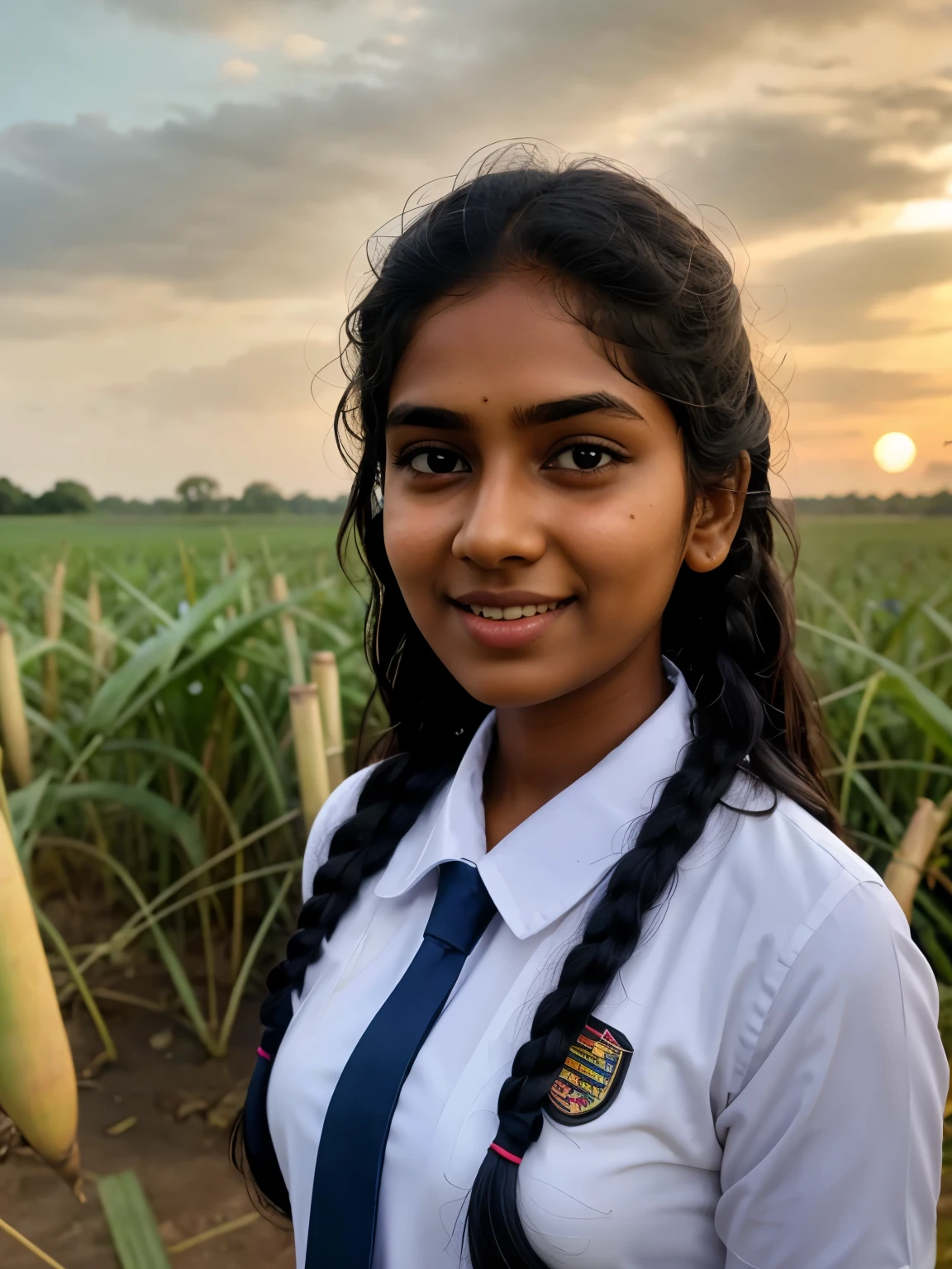 20 year old Tamil girl, inside sugarcane field, evening sky, bossy sassy photoshoot, (wearing uniform), (intricate detailing of face eyes nose mouth full lips & body parts), textured skin, smile:0.6, eyes symmetry, face symmetry, 256K, HDR, hyper realistic, intricate detailing, yotta-pixel image, yocto-pixel detailing