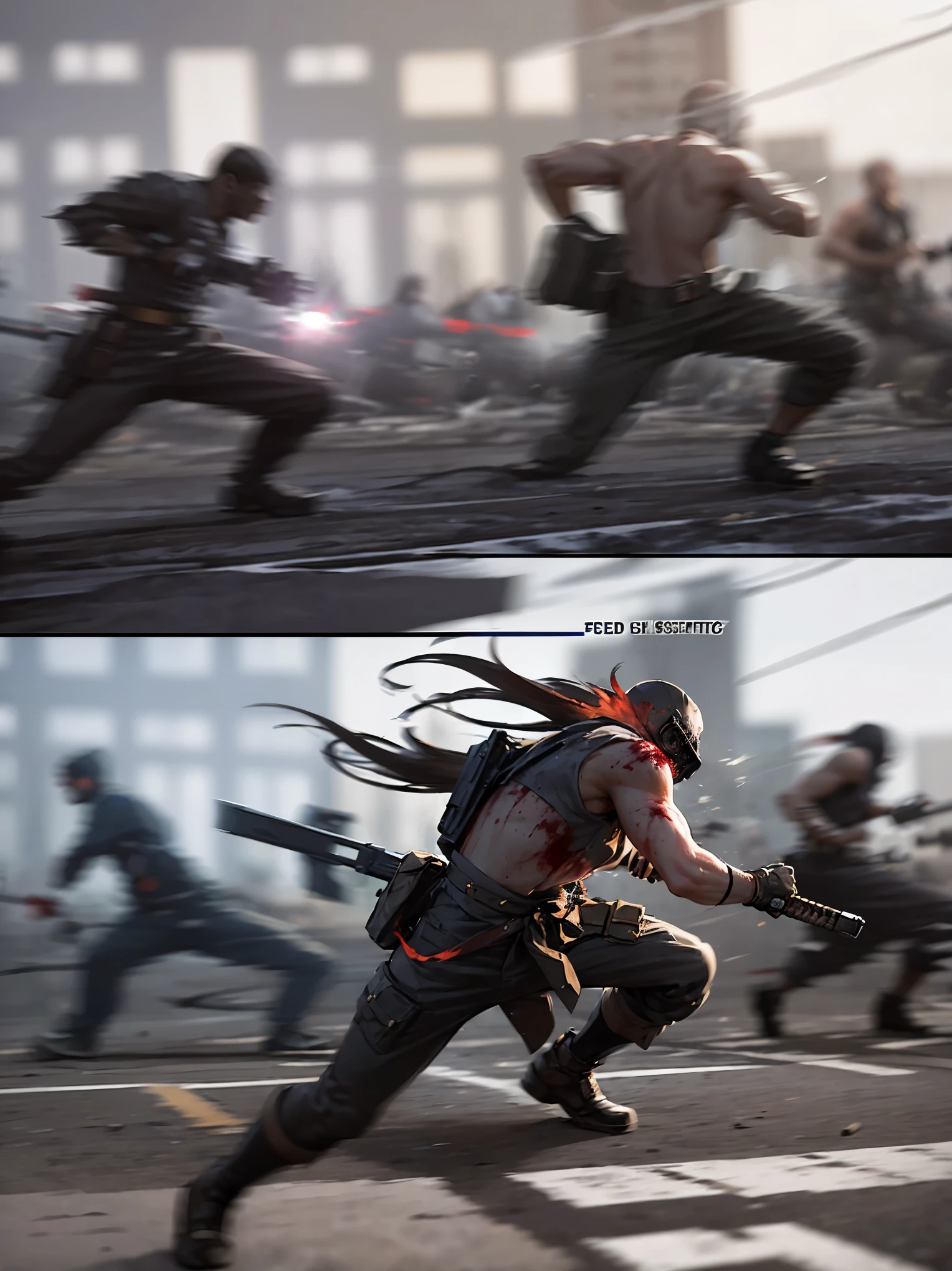 (high quality, 8k, 4K, high contrast, masterpiece: 1.2, 最high quality, best aesthetic), Shibuya crossing, post-apocalyptic, 1 man, focus, intense fight, fighting action pose, ((( Blur effect motion speed: 1.6))), destroyed Tokyo atmosphere, empty street scene, broken neon signs, depressing atmosphere, fast movement, ((motion blur on arms)), shadow assassin, assassinating an enemy , destroyed architecture, blood on the ground, less blood stained, evil energy, cinematic colors, dynamic settings, atmospheric perspective, epic lighting, (1vs1), (desenfundado).