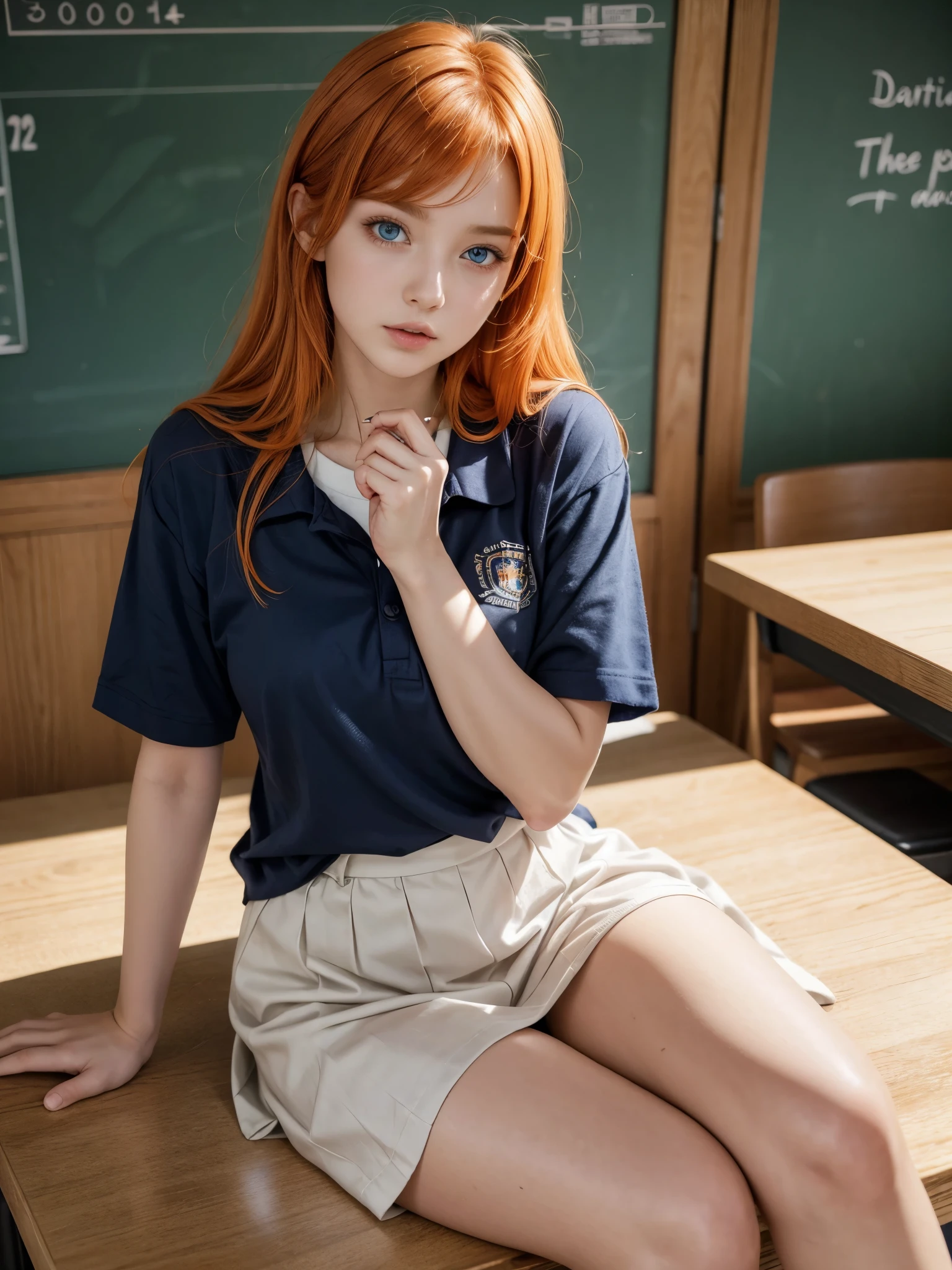 Hot woman, orange hair, blue eyes, school clothes