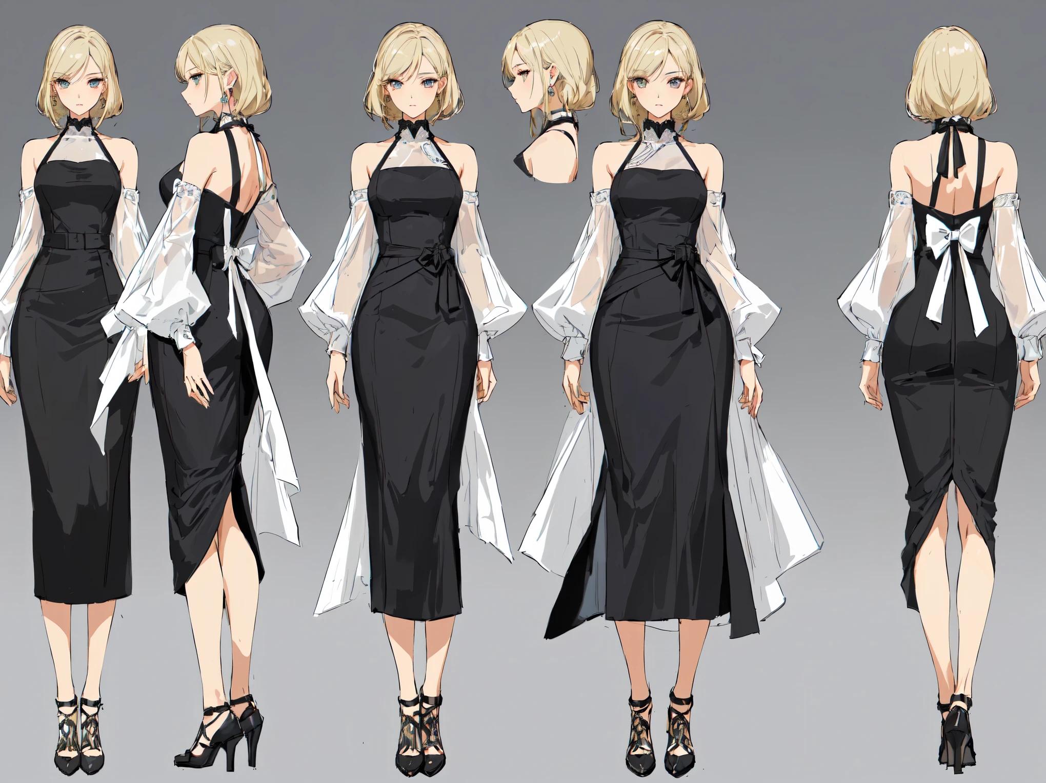 Woman, girl, 30 years old, perfect appearance, dark hair roots, dyed blonde, blonde hair, long hair, expressive figure, hairstyle, gray eyes, correct body proportions, blonde hair, drawn eyes, anime style, full-length, wedding dress, 4k image, high-quality straps, high detailing, simple background, list of characters, sociable girl, modern appearance, character design scheme, all details worked out, front view, back view, modern clothes, full-fledged clothes, fashionable clothes, detailed face, character design scheme, the whole body, lots of details, front view, back view, very detailed, detailed face, high-quality drawing, in-depth, with well-developed facial expressions