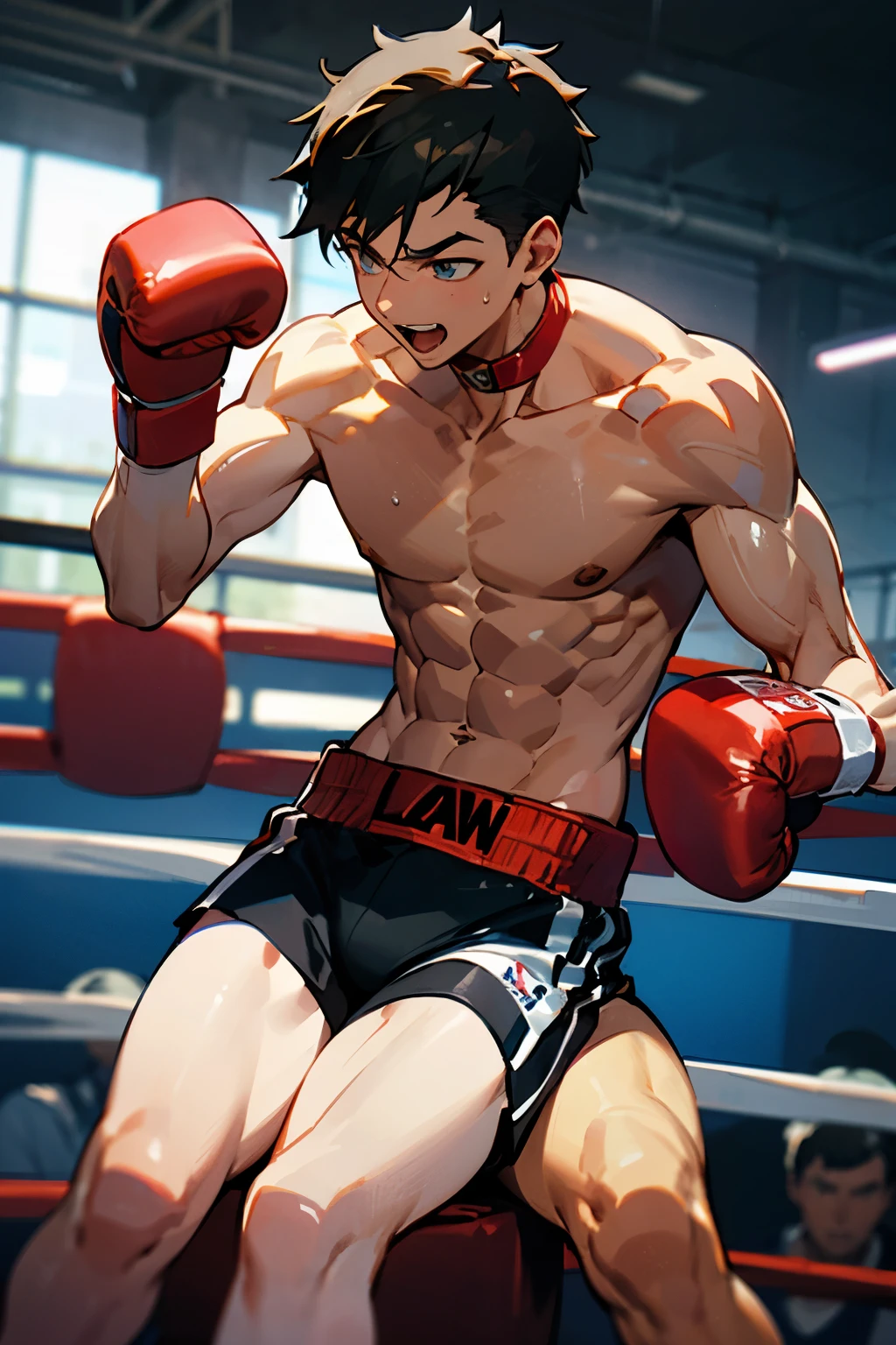 A picture of a malay man with a lean and toned body, panting for breath on the corner of a boxing ring with a hot girl sitting on his lap