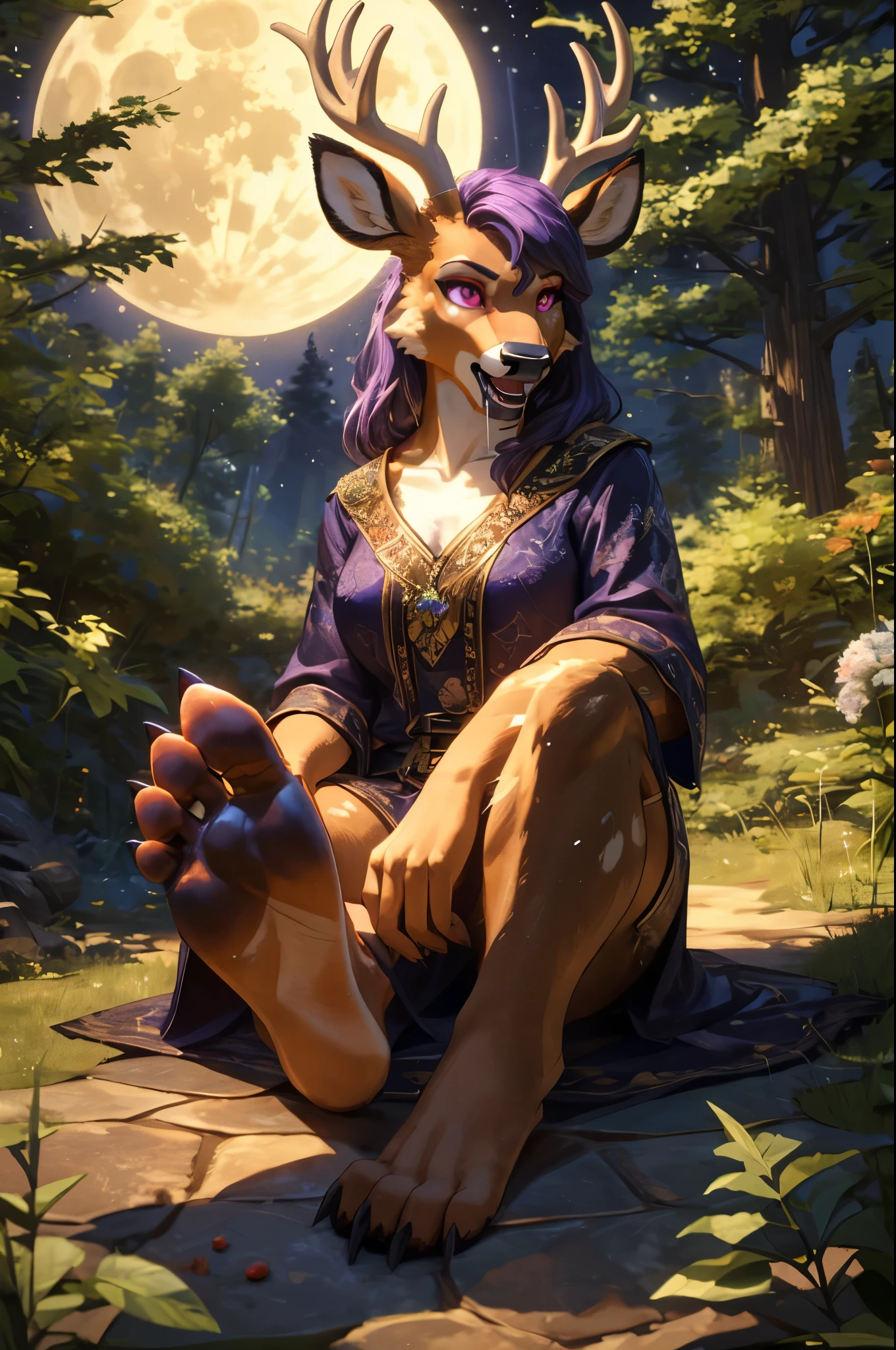(((Barefoot furry character, full body, cinematic setting, furry female, plantigrade))), ((deeply hypnotised and extremelly drooling deer)) anthro with deep ((purple fur)), (wide open mouth) and glowing ((violet eyes)) in trance. Dressed in flowing, dark robes with belladonna flower motifs. The figure sits barefoot and showing ((nice feet soles)) in a moonlit forest surrounded by eerie nightshade plants, with ripe berries and ethereal moonlight casting shadows. The atmosphere evokes mystery and danger. BREAK, detailed background, 8K, (masterpiece:1.5), intricate details, highly detailed, extreme detail, octane render, fine art, best quality, highres, (detailed face:1.5), ((full_body)), UHD, (((perfect hands))), low light, (((SFW))), (((five toes on feet))), (((perfect feet)))