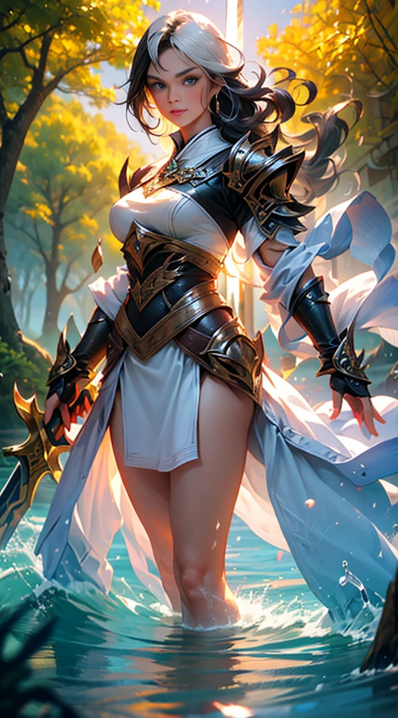 Create the image of a stunning woman with long, straight hair and wearing imposing armor. She is depicted in a majestic pose, with her wavy hair falling gently over her shoulders. Her armor is a work of art, with intricate details and elegant embellishments, reflecting the sunlight that streams through the nearby trees,Her eyes convey a mix of determination and grace as she wields a sword or shield with confidence. In the background, a picturesque setting of lush natural landscape, with distant mountains and a clear blue sky. This woman is not only a skilled warrior, but also a vision of beauty and strength