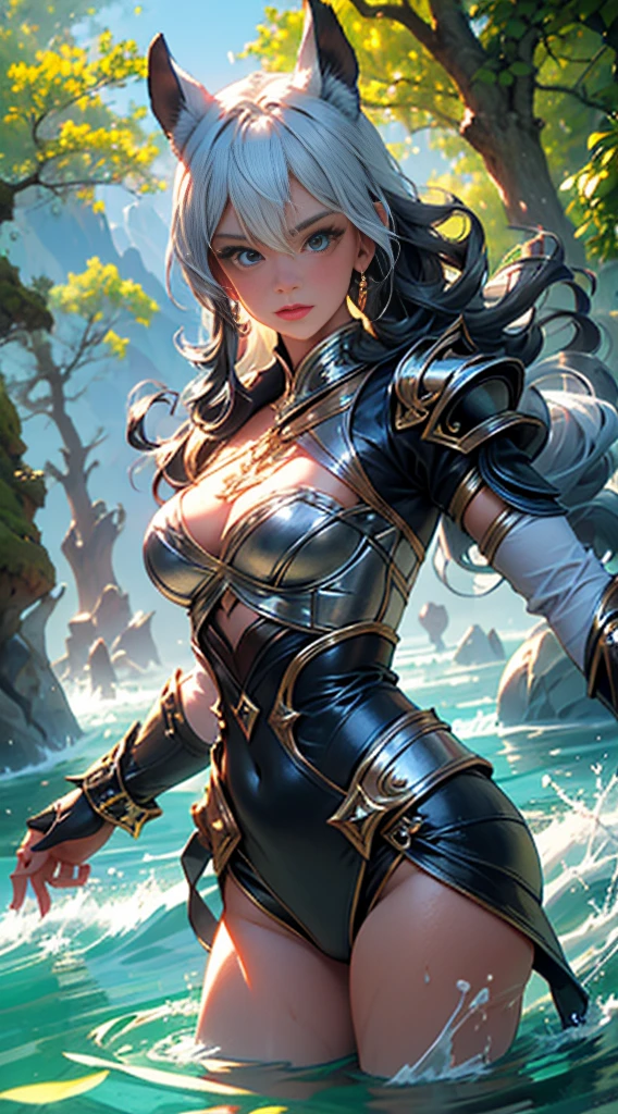 Create the image of a stunning woman with long, straight hair and wearing imposing armor. She is depicted in a majestic pose, with her wavy hair falling gently over her shoulders. Her armor is a work of art, with intricate details and elegant embellishments, reflecting the sunlight that streams through the nearby trees,Her eyes convey a mix of determination and grace as she wields a sword or shield with confidence. In the background, a picturesque setting of lush natural landscape, with distant mountains and a clear blue sky. This woman is not only a skilled warrior, but also a vision of beauty and strength