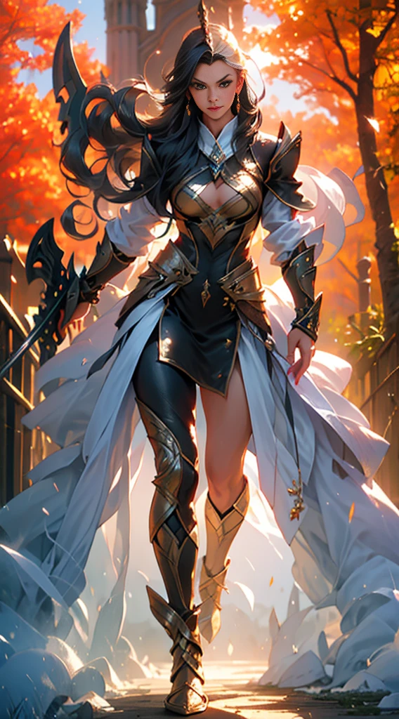 Create the image of a stunning woman with long, straight hair and wearing imposing armor. She is depicted in a majestic pose, with her wavy hair falling gently over her shoulders. Her armor is a work of art, with intricate details and elegant embellishments, reflecting the sunlight that streams through the nearby trees,Her eyes convey a mix of determination and grace as she wields a sword or shield with confidence. In the background, a picturesque setting of lush natural landscape, with distant mountains and a clear blue sky. This woman is not only a skilled warrior, but also a vision of beauty and strength