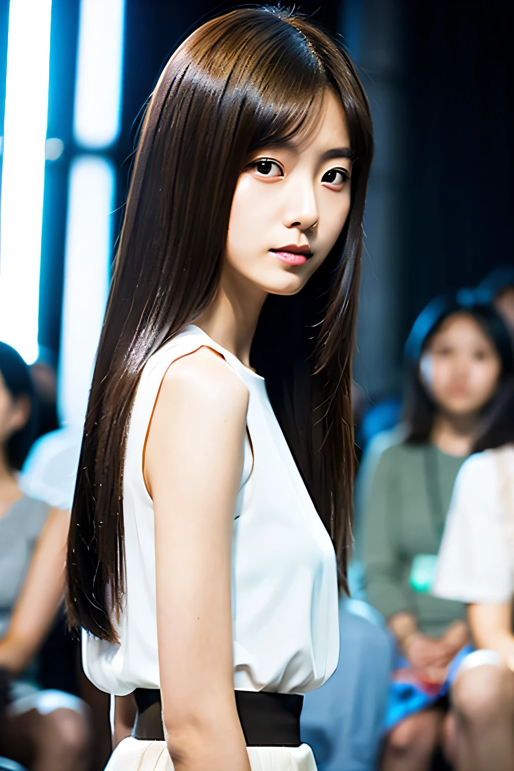 Skinny Japanese lady, 25 years old, masterpiece, Flat color, Depth of Field, lens flare, 1 girl, Brown hair, looking at the audience, Very thin waist, Wearing a white blouse, White vest, Brown skirt, Delicate face, Delicate eyes,Sleek, thick long hair,Black and shiny,The shining luster flows in the thick, Jet black smooth hair,#1: Sleek and Neat Bangs,#1: Thick Sleek Bangs,The raging hair covers the whole body,Super smooth hair,Super smooth hair,Super smooth hair keeps throbbing。
