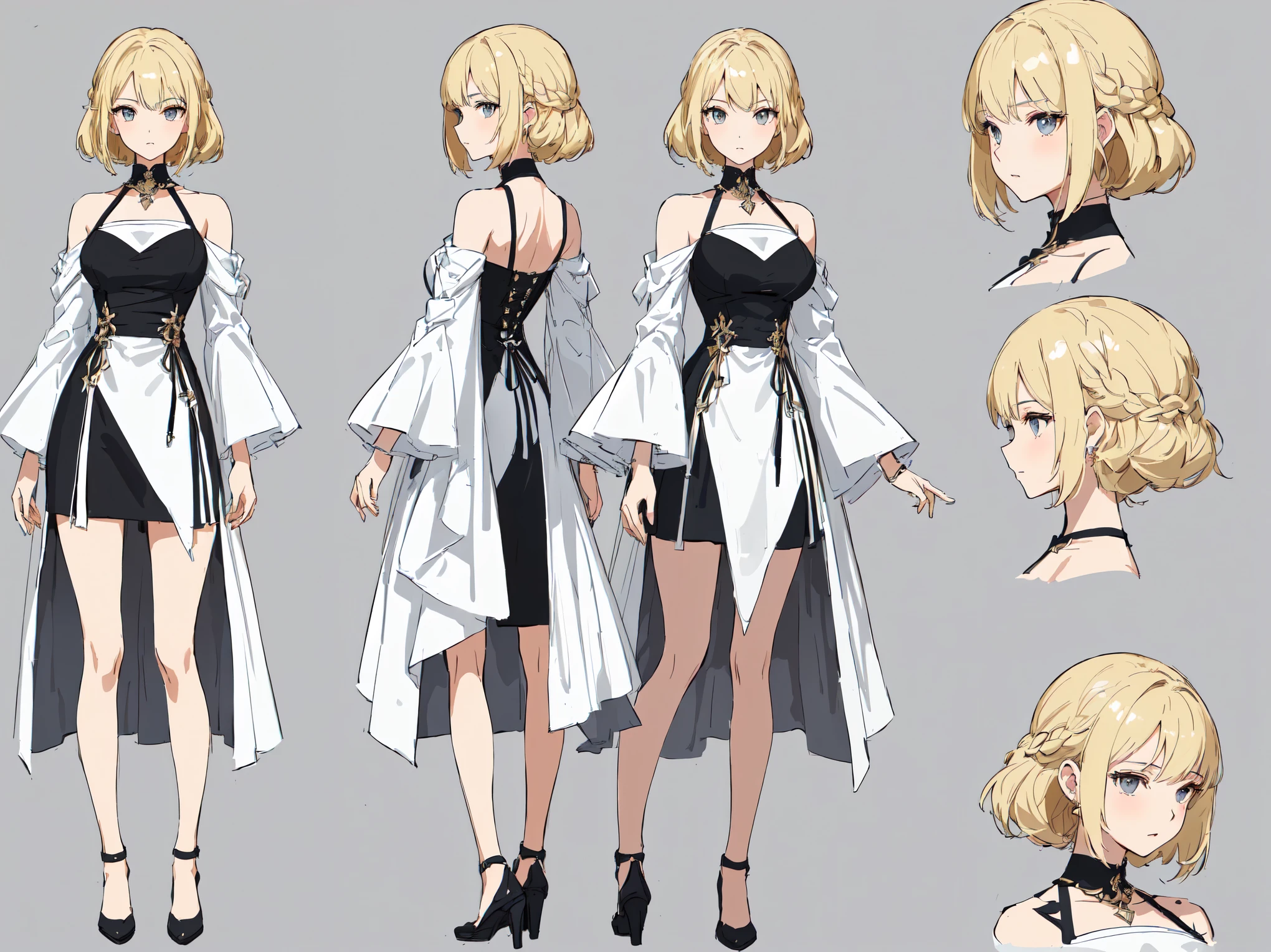Woman, girl, 30 years old, perfect appearance, dark hair roots, dyed blonde, blonde hair, long hair, expressive figure, hairstyle, gray eyes, correct body proportions, blonde hair, drawn eyes, anime style, full-length, wedding dress, 4k image, high-quality straps, high detailing, simple background, list of characters, sociable girl, modern appearance, character design scheme, all details worked out, front view, back view, modern clothes, full-fledged clothes, fashionable clothes, detailed face, character design scheme, the whole body, lots of details, front view, back view, very detailed, detailed face, high-quality drawing, in-depth, with well-developed facial expressions