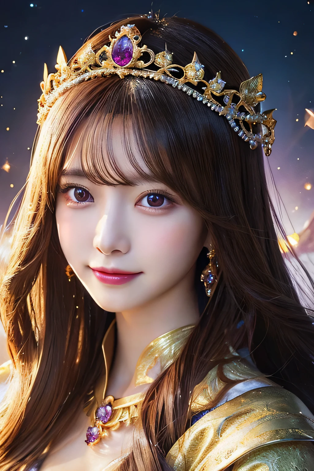 Look forward,The body is looking forward.,
Look straight into the camera.,A woman with long hair and a crown on her head, Beautiful fantasy empress, Portrait of a girl in the Knights of the Zodiac, Detailed digital anime art, anime goddess, goddess. Extremely high detail, Fantasy art style, Anime fantasy illustration, ((Beautiful fantasy empress)), Anime fantasy artwork, 8k high quality detailed art, a stunning portrait of a goddess, gorgeous goddess of leo,smile