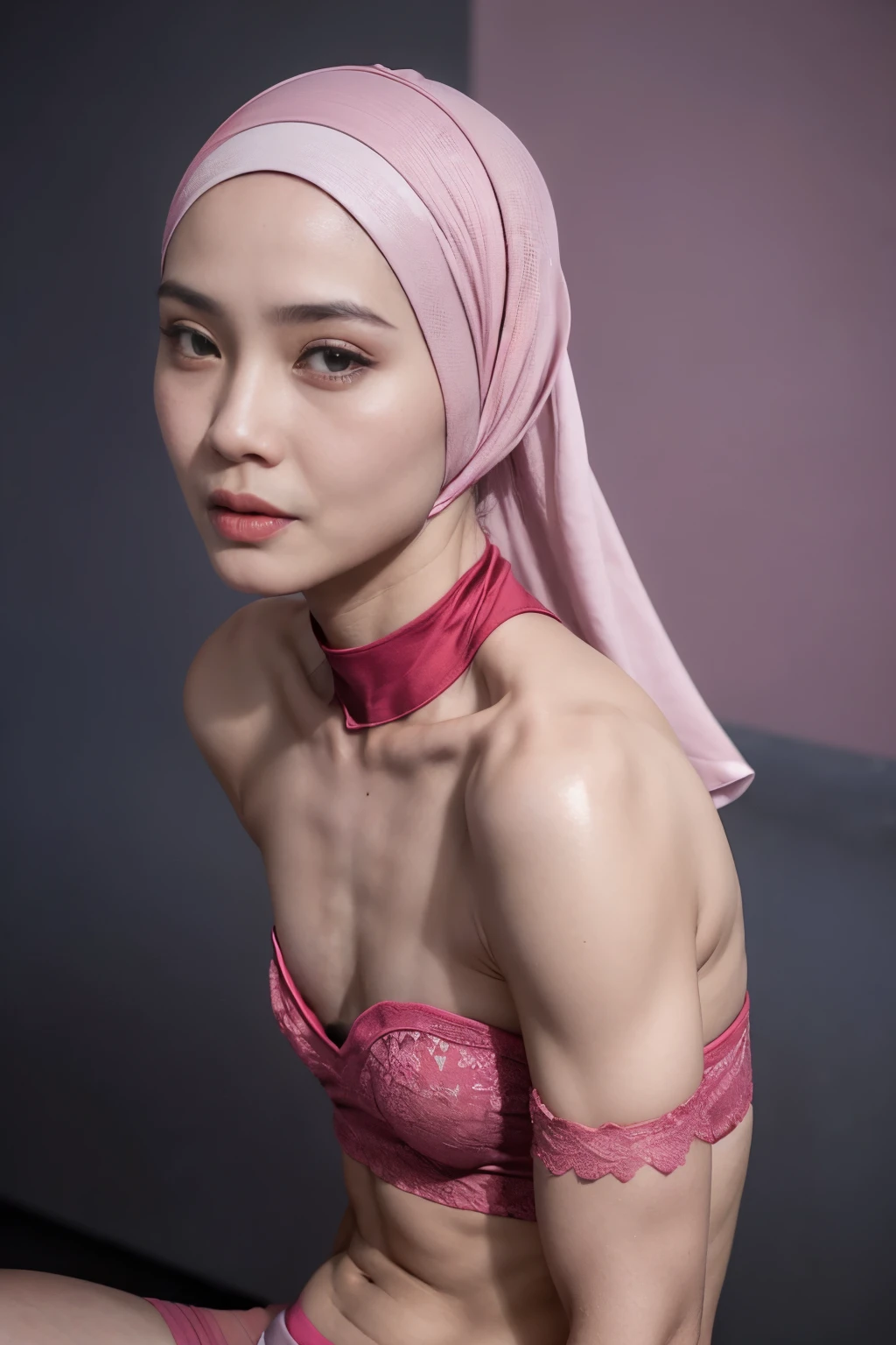 ((SHORT HIJAB)), ((Flat chest:1.7)), (dynamic photograph of a 58 year old Indonesian woman), (slim top, cotton panties), (straight non curly hair), (highly detailed face:1.4), (vascular muscles and abs:1.3), (background inside light, bright, private gym:1.1), (8k, uhd, dslr, high quality, cinematic lighting, bokeh), (dramatic, award winning photography, incredible masterpiece:1.3), (((sexy sultry stare at camera:0.8))), close up, ((she is ready to dominate you:0.5)), ((beautiful feminine face)) (she is a champion MMA fighter), add_detail:1, ((Wearing strapless pastel)) lace pink , from behind view, seductive pose, straddling