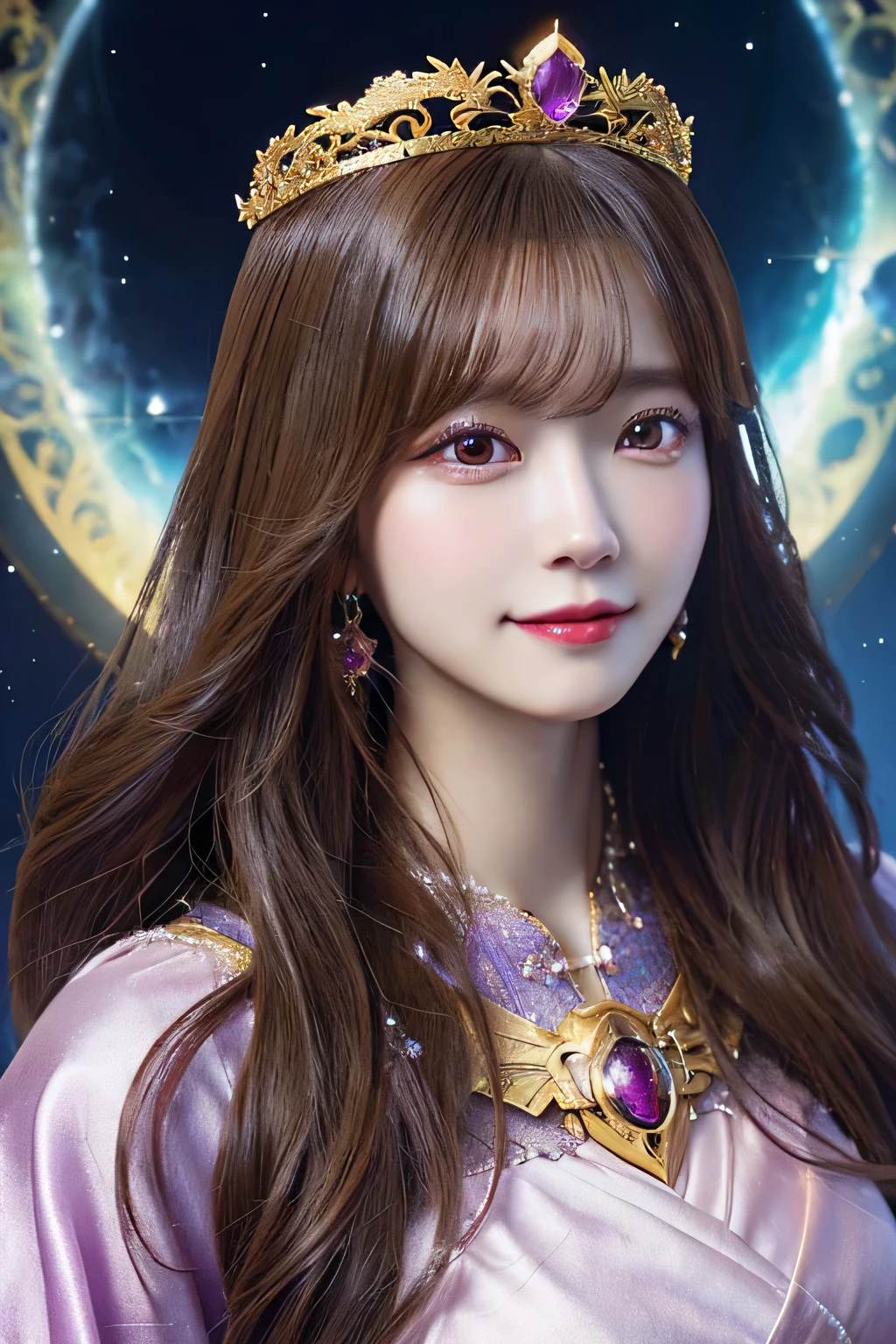 Look forward,The body is looking forward.,
Look straight into the camera.,A woman with long hair and a crown on her head, Beautiful fantasy empress, Portrait of a girl in the Knights of the Zodiac, Detailed digital anime art, anime goddess, goddess. Extremely high detail, Fantasy art style, Anime fantasy illustration, ((Beautiful fantasy empress)), Anime fantasy artwork, 8k high quality detailed art, a stunning portrait of a goddess, gorgeous goddess of leo,smile