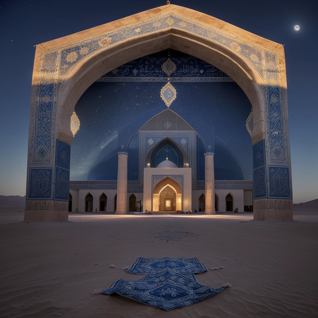 Create an image of a prayer rug and a mosque next to it in the middle of a desert. All lit by the blue reflections of the moon, and done realistically