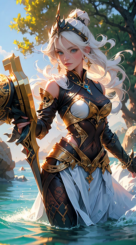 Create the image of a stunning woman with long, straight hair and wearing imposing armor. She is depicted in a majestic pose, with her wavy hair falling gently over her shoulders. Her armor is a work of art, with intricate details and elegant embellishments, reflecting the sunlight that streams through the nearby trees,Her eyes convey a mix of determination and grace as she wields a sword or shield with confidence. In the background, a picturesque setting of lush natural landscape, with distant mountains and a clear blue sky. This woman is not only a skilled warrior, but also a vision of beauty and strength