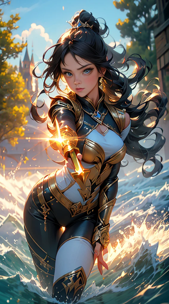 Create the image of a stunning woman with long, straight hair and wearing imposing armor. She is depicted in a majestic pose, with her wavy hair falling gently over her shoulders. Her armor is a work of art, with intricate details and elegant embellishments, reflecting the sunlight that streams through the nearby trees,Her eyes convey a mix of determination and grace as she wields a sword or shield with confidence. In the background, a picturesque setting of lush natural landscape, with distant mountains and a clear blue sky. This woman is not only a skilled warrior, but also a vision of beauty and strength