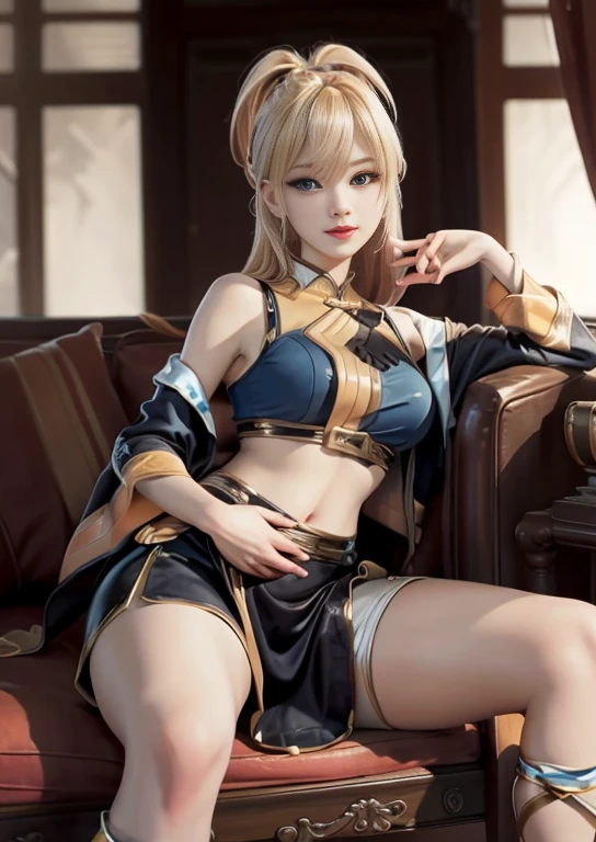 best quality, realism, real, photo: 1.4), Ji Xiaoman, Blond, blue eyes, hand on belly, big breasts, large breasts, thick legs, thights, sitting, knees up, open legs, real, photo"