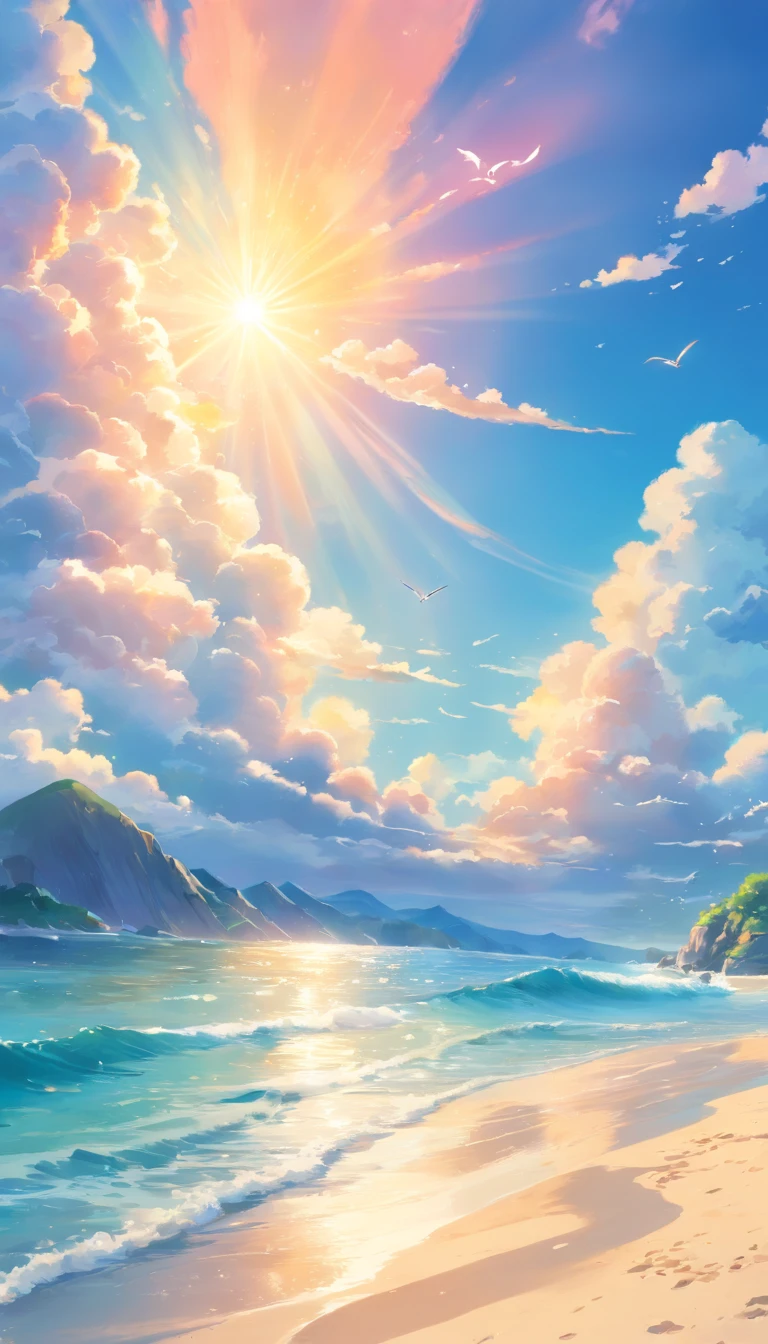 (best quality,highres,masterpiece:1.2),sea,wallpaper,magical,seashell,blue sky,clouds,seagulls,birds,wind,waves,chill,fresh,summer,couple seen far away,color film tone,serene,serenity,tranquil,harmony,vibrant colors,sunlight reflecting in the water,sand beach,sunshine,glow,peaceful,pastel colors,dreamlike,soft focus,motion effect,sunrise or sunset,ethereal,blissful,breeze,rays of sunlight,reflection