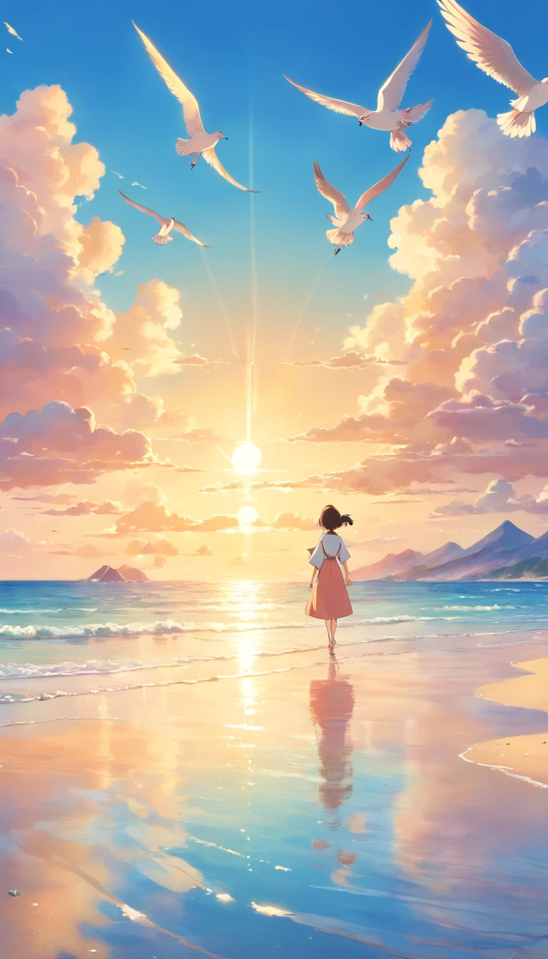 (best quality,highres,masterpiece:1.2),sea,wallpaper,magical,seashell,blue sky,clouds,seagulls,birds,wind,waves,chill,fresh,summer,couple seen far away,color film tone,serene,serenity,tranquil,harmony,vibrant colors,sunlight reflecting in the water,sand beach,sunshine,glow,peaceful,pastel colors,dreamlike,soft focus,motion effect,sunrise or sunset,ethereal,blissful,breeze,rays of sunlight,reflection