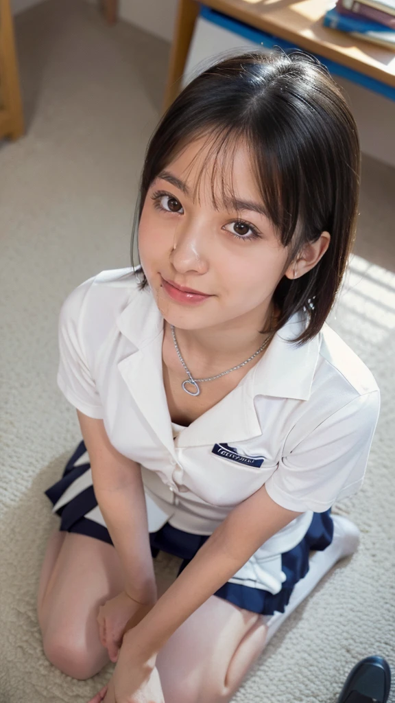 (masterpiece:1.2), (highest quality:1.2), (Very detailed:1.2), (Very detailed face), (Realistic:1.2), (Very detailed), 8k,Slim and body, Moderate, , Short Bob, ([black] hair), (Unbuttoned white high school uniform:1.2), Blue Skirt, Silver Necklace, Represents a medium, Represents a medium, Cleavage, Kneel on the floor, Happy expression, (In the classroom:1.2), look up, (View from above:1.2), Semen On , Penis Facial, how, throw, Japan *********** girl