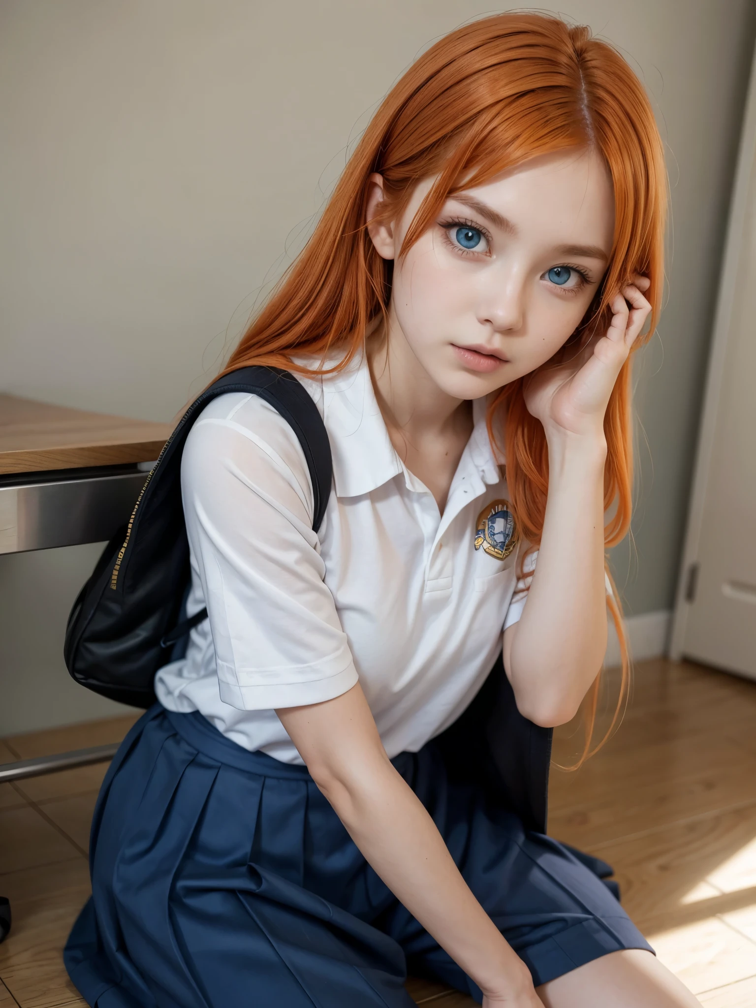 Hot woman, orange hair, blue eyes, school clothes  sexy pose