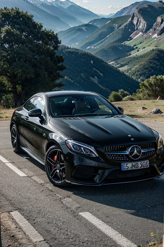 A Mercedes sport car surrounded by beautiful nature ( at the edge of the mountain )