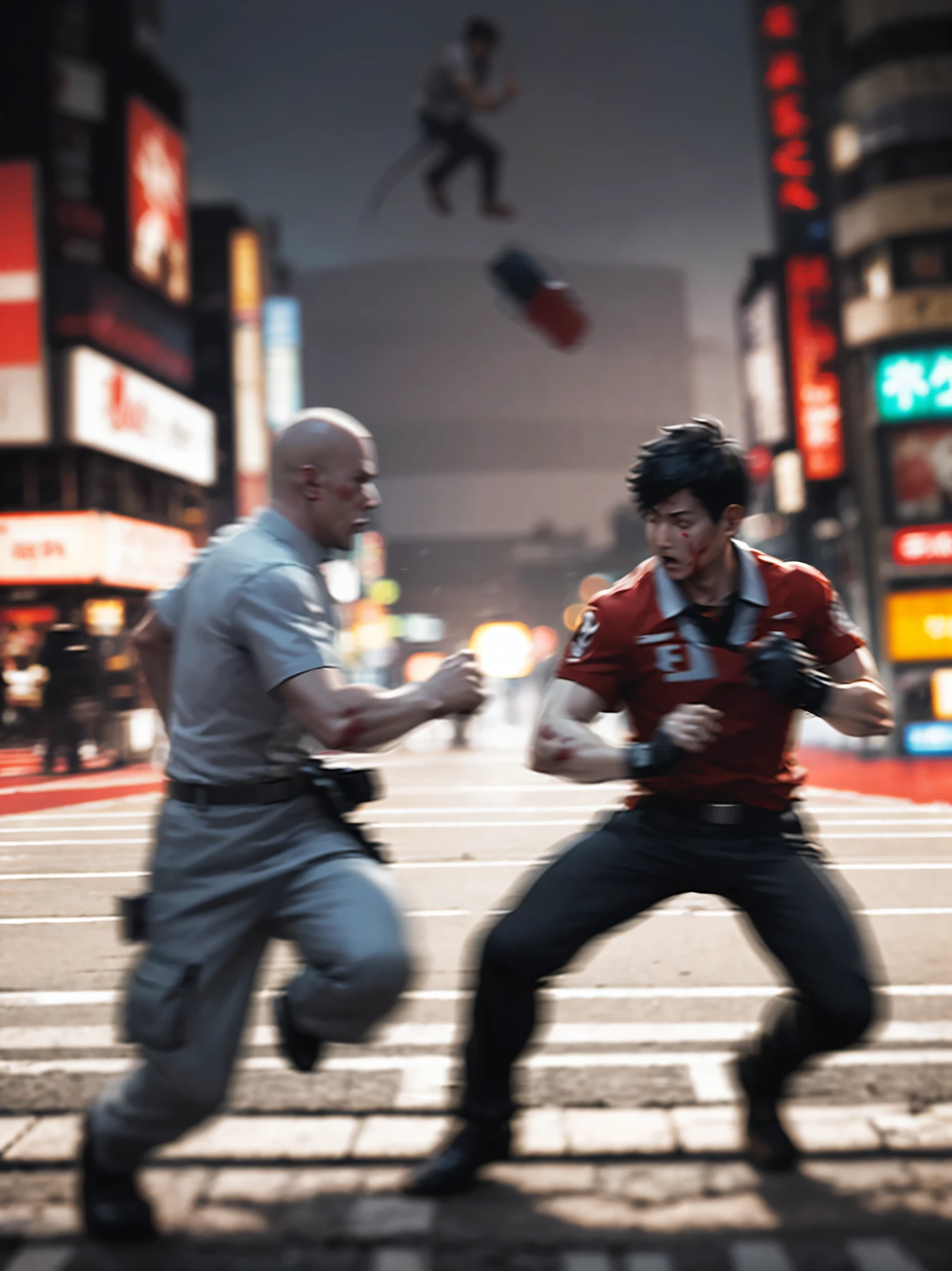 (high quality, 8k, 4K, high contrast, masterpiece: 1.2, 最high quality, best aesthetic), Shibuya crossing, post-apocalyptic, 1 man, focus, intense fight, fighting action pose, ((( Blur effect motion speed: 1.6))), destroyed Tokyo atmosphere, empty street scene, broken neon signs, depressing atmosphere, fast movement, ((motion blur on arms)), shadow assassin, assassinating an enemy , destroyed architecture, blood on the ground, less blood stained, evil energy, cinematic colors, dynamic settings, atmospheric perspective, epic lighting, (1vs1), (desenfundado).