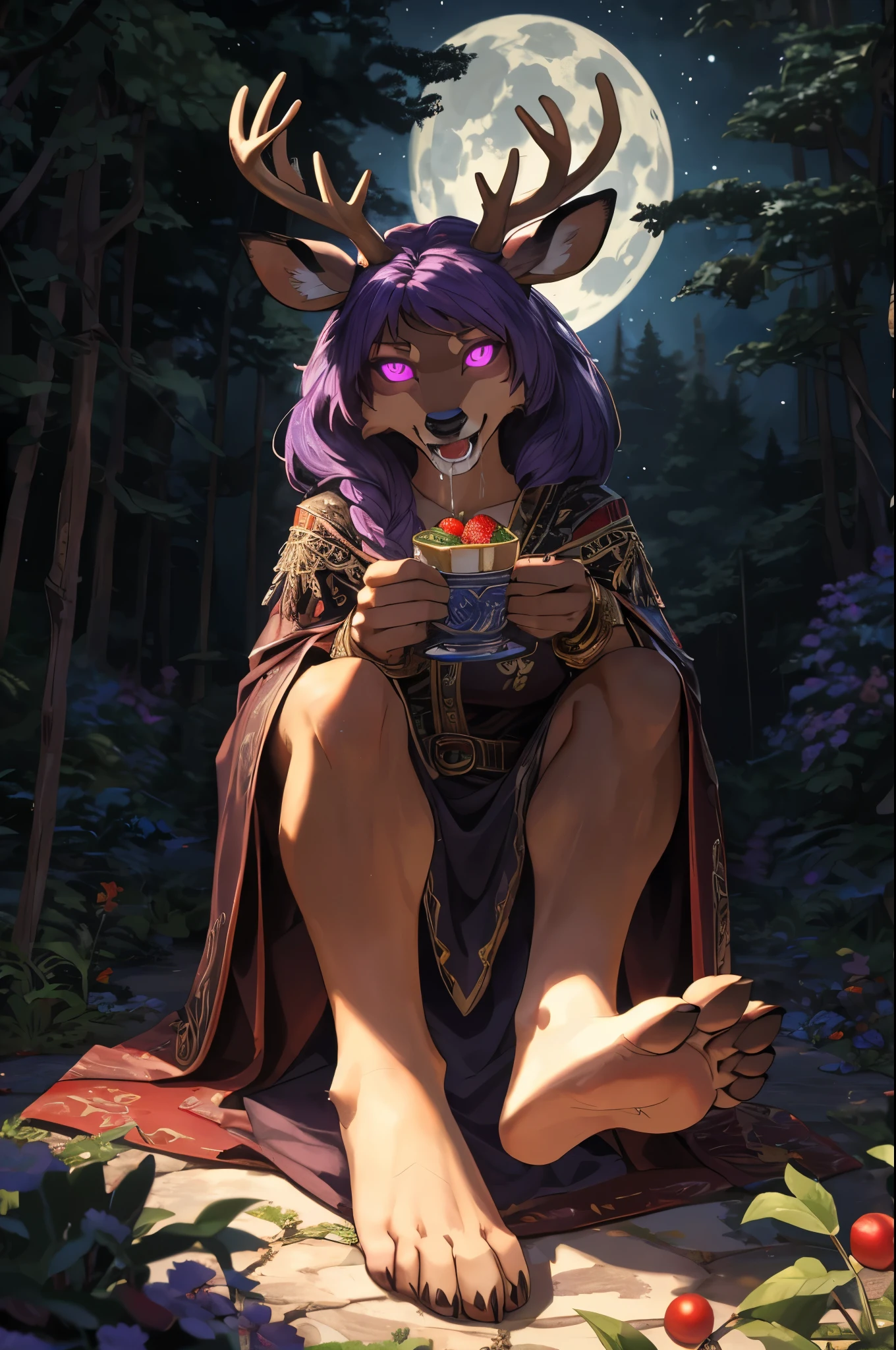 (((Barefoot furry character, full body, cinematic setting, furry female, plantigrade))), ((deeply hypnotised and extremelly drooling deer)) anthro with deep ((purple fur)), (wide open mouth) and glowing ((violet eyes)) in trance. Dressed in flowing, dark robes with belladonna flower motifs. The figure sits barefoot and showing ((nice feet soles)) in a moonlit forest surrounded by eerie nightshade plants, with ripe berries and ethereal moonlight casting shadows. The atmosphere evokes mystery and danger. BREAK, detailed background, 8K, (masterpiece:1.5), intricate details, highly detailed, extreme detail, octane render, fine art, best quality, highres, (detailed face:1.5), ((full_body)), UHD, (((perfect hands))), low light, (((SFW))), (((five toes on feet))), (((perfect feet)))