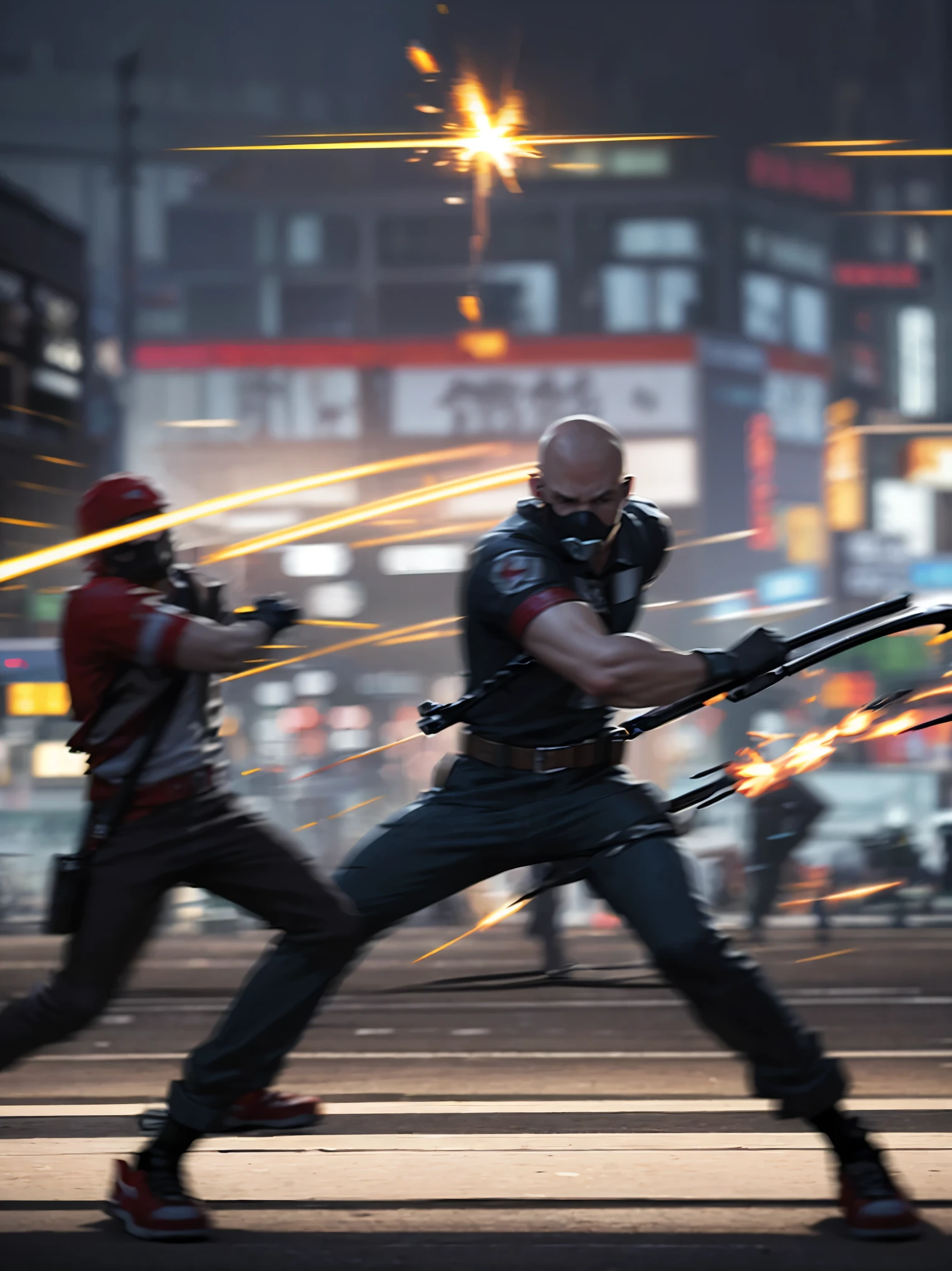 (high quality, 8k, 4K, high contrast, masterpiece: 1.2, 最high quality, best aesthetic), Shibuya crossing, post-apocalyptic, 1 man, focus, intense fight, fighting action pose, ((( Blur effect motion speed: 1.6))), destroyed Tokyo atmosphere, empty street scene, broken neon signs, depressing atmosphere, fast movement, ((motion blur on arms)), shadow assassin, assassinating an enemy , destroyed architecture, blood on the ground, less blood stained, evil energy, cinematic colors, dynamic settings, atmospheric perspective, epic lighting, (1vs1), (desenfundado).