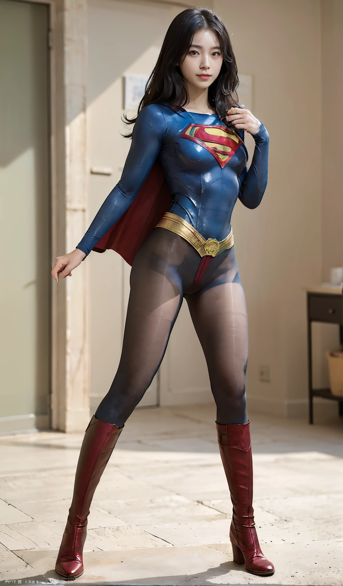 No background、(((Beautiful legs in black tights.)))、(((Legally express the beauty of your smile)))、((((Make the most of your original images)))、(((Supergirl Costume)))、(((Beautiful Hair)))、(((suffering)))、(((Please wear black tights....、Wear red boots)))、((Best image quality、8K))、((highest quality、8K、masterpiece:1.3))、(((Preserve background )))、Sharp focus:1.2、Beautiful woman with perfect figure:1.4、Thin abdominal muscles:1.2、Wet body:1.5、Highly detailed face and skin texture、8K