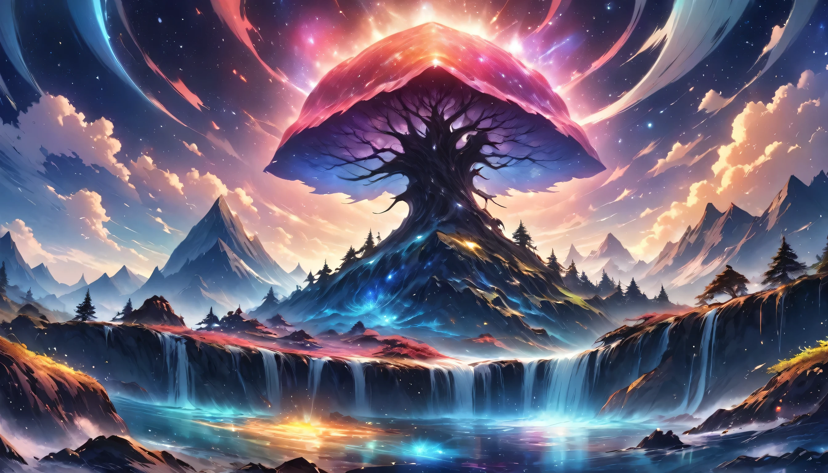 a distant mountain in a unknown planet in universe; various stars in the sky, with different colors; there is also a weird tree looking alien