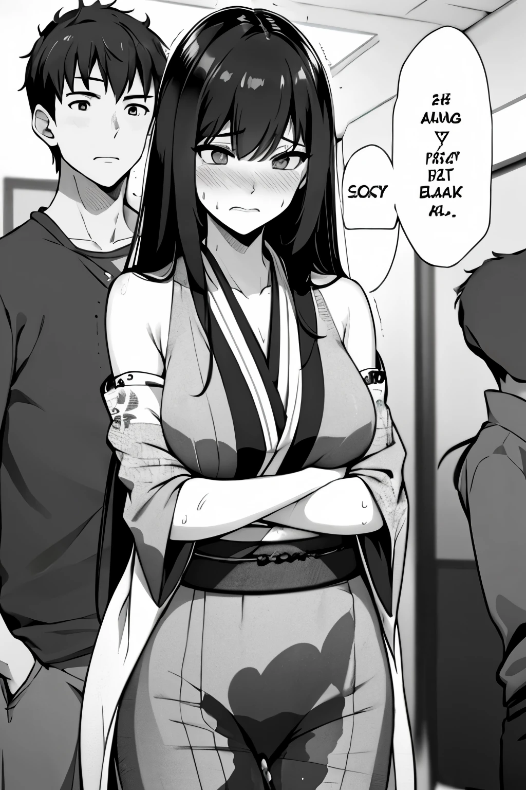A woman with very long (black hair:1.5), wearing a floral-pattern kimono, stands in a (monochrome:1.25) setting. The artwork is inspired by manga and incorporates a doujin style. The woman appears to be (wetting herself:1.5), which causes her to feel embarrassed and humiliated, resulting in a blush on her face. In addition, there is an air of anger in her expression. The lighting in the scene is moody, with a spotlight highlighting the woman's figure. She is crossing her arms, (arms crossed:1.5), fully showcasing her kimono., medium breasts, full kimono