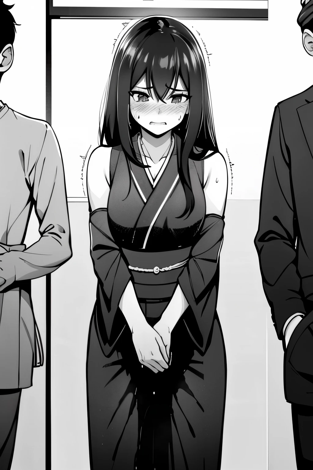 A woman with very long (black hair:1.5), wearing a floral-pattern kimono, stands in a (monochrome:1.25) setting. The artwork is inspired by manga and incorporates a doujin style. The woman appears to be (wetting herself:1.5), which causes her to feel embarrassed and humiliated, resulting in a blush on her face. In addition, there is an air of anger in her expression. The lighting in the scene is moody, with a spotlight highlighting the woman's figure. She is crossing her arms, (arms crossed:1.5), fully showcasing her kimono., medium breasts, full kimono