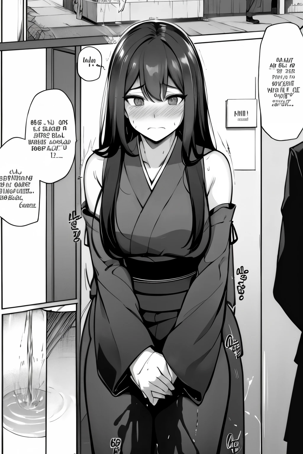 A woman with very long (black hair:1.5), wearing a floral-pattern kimono, stands in a (monochrome:1.25) setting. The artwork is inspired by manga and incorporates a doujin style. The woman appears to be (wetting herself:1.5), which causes her to feel embarrassed and humiliated, resulting in a blush on her face. In addition, there is an air of anger in her expression. The lighting in the scene is moody, with a spotlight highlighting the woman's figure. She is crossing her arms, (arms crossed:1.5), fully showcasing her kimono., medium breasts, full kimono