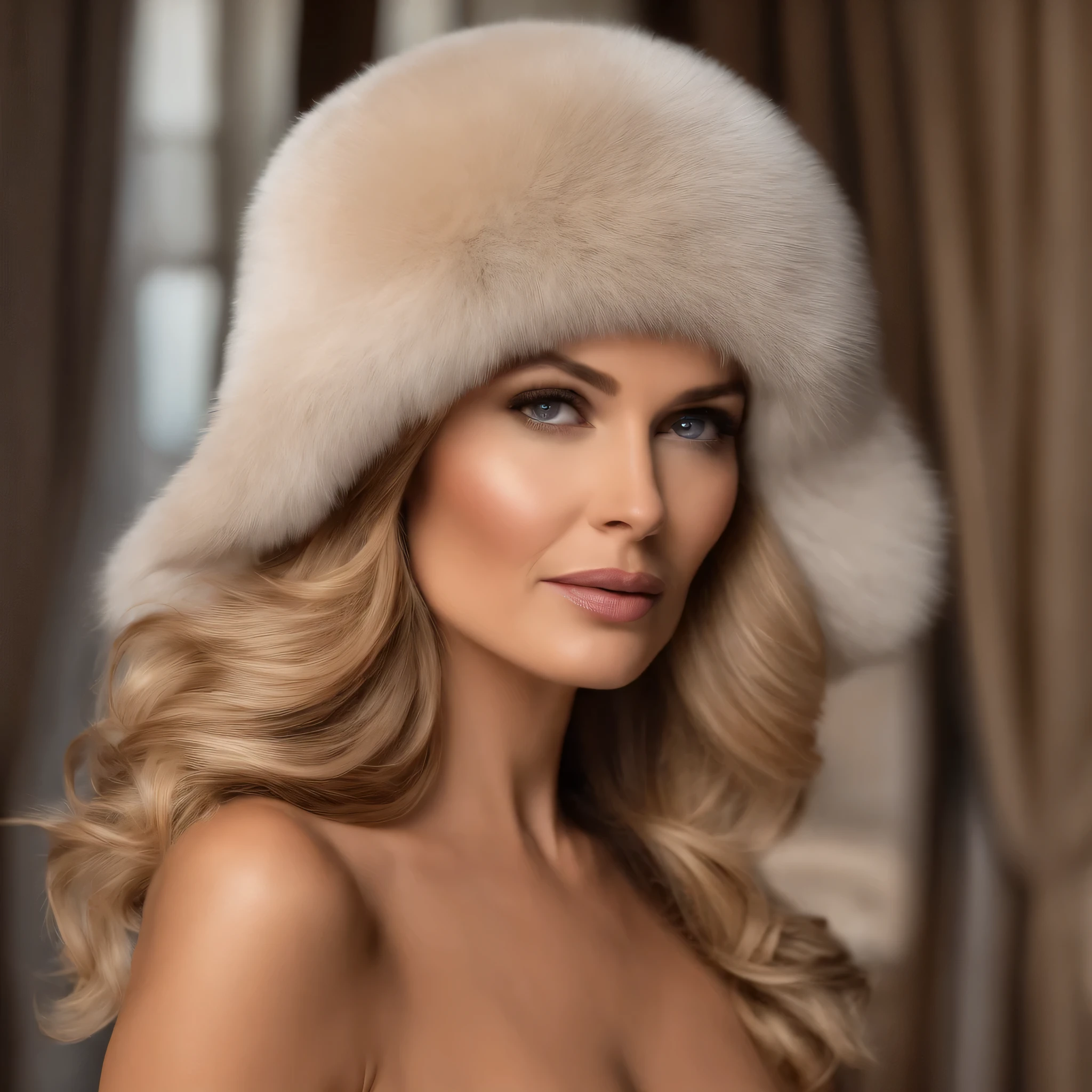35 ans,(Une MILF:1.2), un regard captivant, yeux verts, cheveux blonds,A very wide and very thick, very short sand mink fur coat, fifty centimeters thick, duveteux, naturel, with an ultra thick white and sand mink fur collar, three layers, souriante, fully nude front view, bare shoulders, and two large breast discovered by the fur, Sosie de la vieille femme Carla Gugino, Detailed wrinkles (8K, high resolution, Ultra-quality, A quality of&#39;image ultra élevée, ultrarealistic, best quality:1.2) (gros seins en bonnet D:1.1), eyes visible through the hair, with silver gray hair, bobbed hair, Bonne position des yeux, cinematic light, Soft light, lombes, la nuit, detailed color background, Convoluted, Very detailed, 8K, Overall Silhouette, posant professionnellement sur un canapé penthouse, En regardant directement la caméraUne photo d&#39;une femme souriante Nikon D850, objectif 85 mm