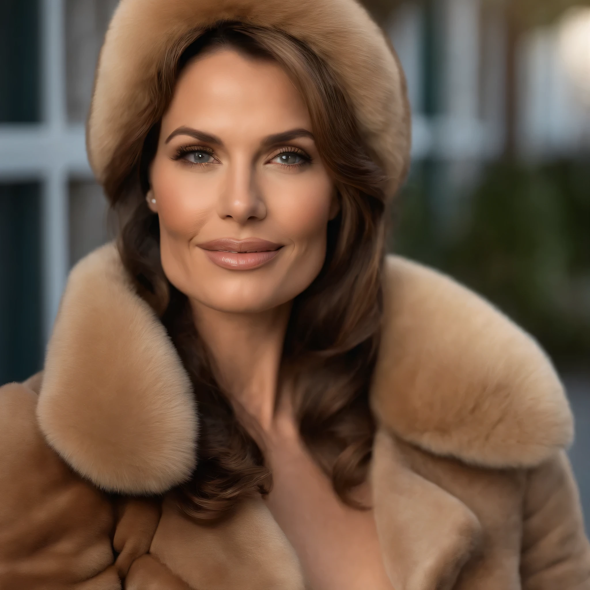 35 ans,(Une MILF:1.2), un regard captivant, yeux verts, cheveux blonds,A very wide and very thick, very short sand mink fur coat, fifty centimeters thick, duveteux, naturel, with an ultra thick white and sand mink fur collar, three layers, souriante, fully nude front view, bare shoulders, and two large breast discovered by the fur, Sosie de la vieille femme Carla Gugino, Detailed wrinkles (8K, high resolution, Ultra-quality, A quality of'image ultra élevée, ultrarealistic, best quality:1.2) (gros seins en bonnet D:1.1), eyes visible through the hair, with silver gray hair, bobbed hair, Bonne position des yeux, cinematic light, Soft light, lombes, la nuit, detailed color background, Convoluted, Very detailed, 8K, Overall Silhouette, posant professionnellement sur un canapé penthouse, En regardant directement la caméraUne photo d'une femme souriante Nikon D850, objectif 85 mm