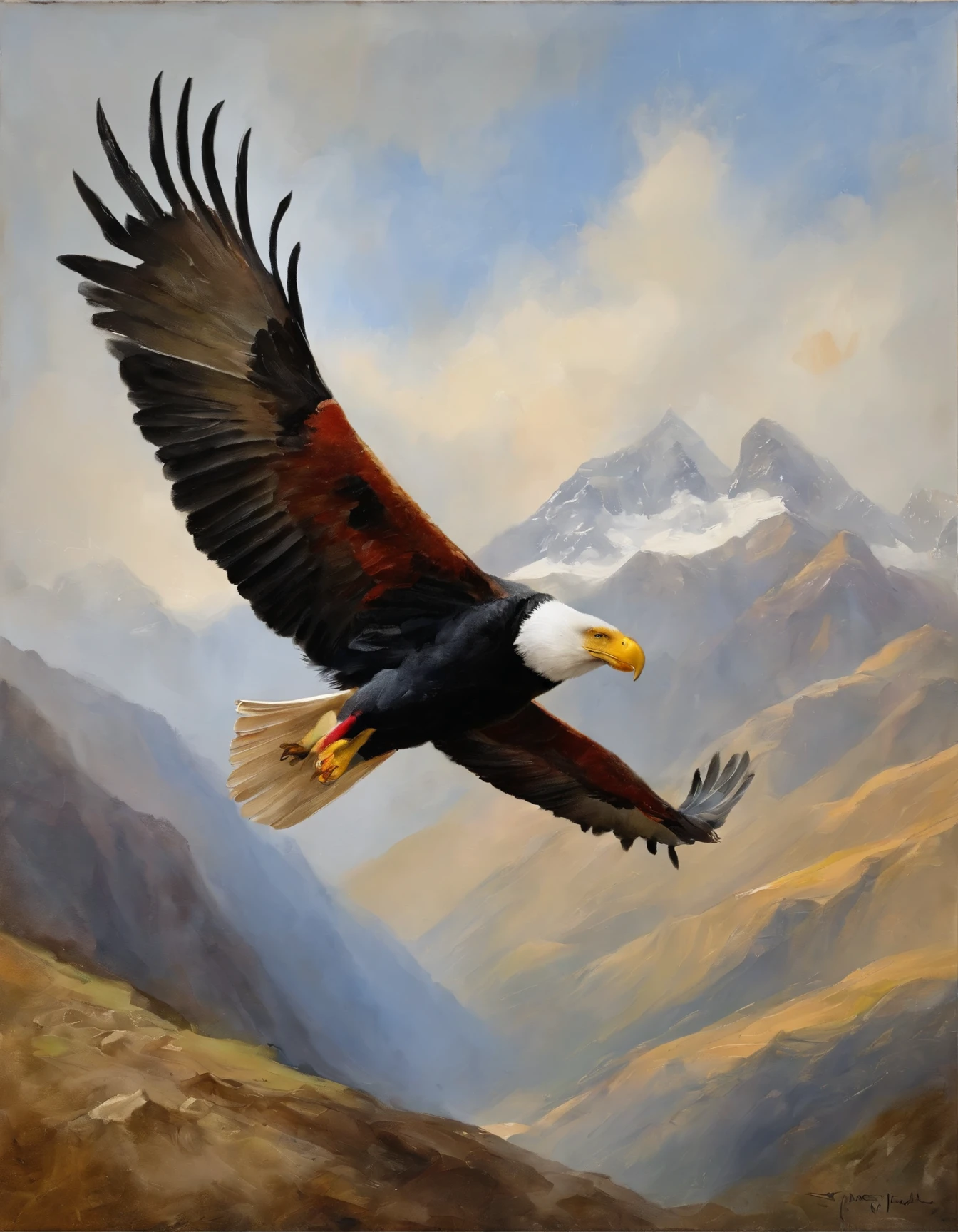 dreams the Andean condor flying over the mountains，Inca, Peaceful and harmonious environment，dramatic composition，warm color palette，，Background with：fascinate，natural lighting, House of Sweets，a fairy world，Attractions,(post impressionist),colors rich,(Fechin oil painting - Fechin oil painting, painted in oil), 04