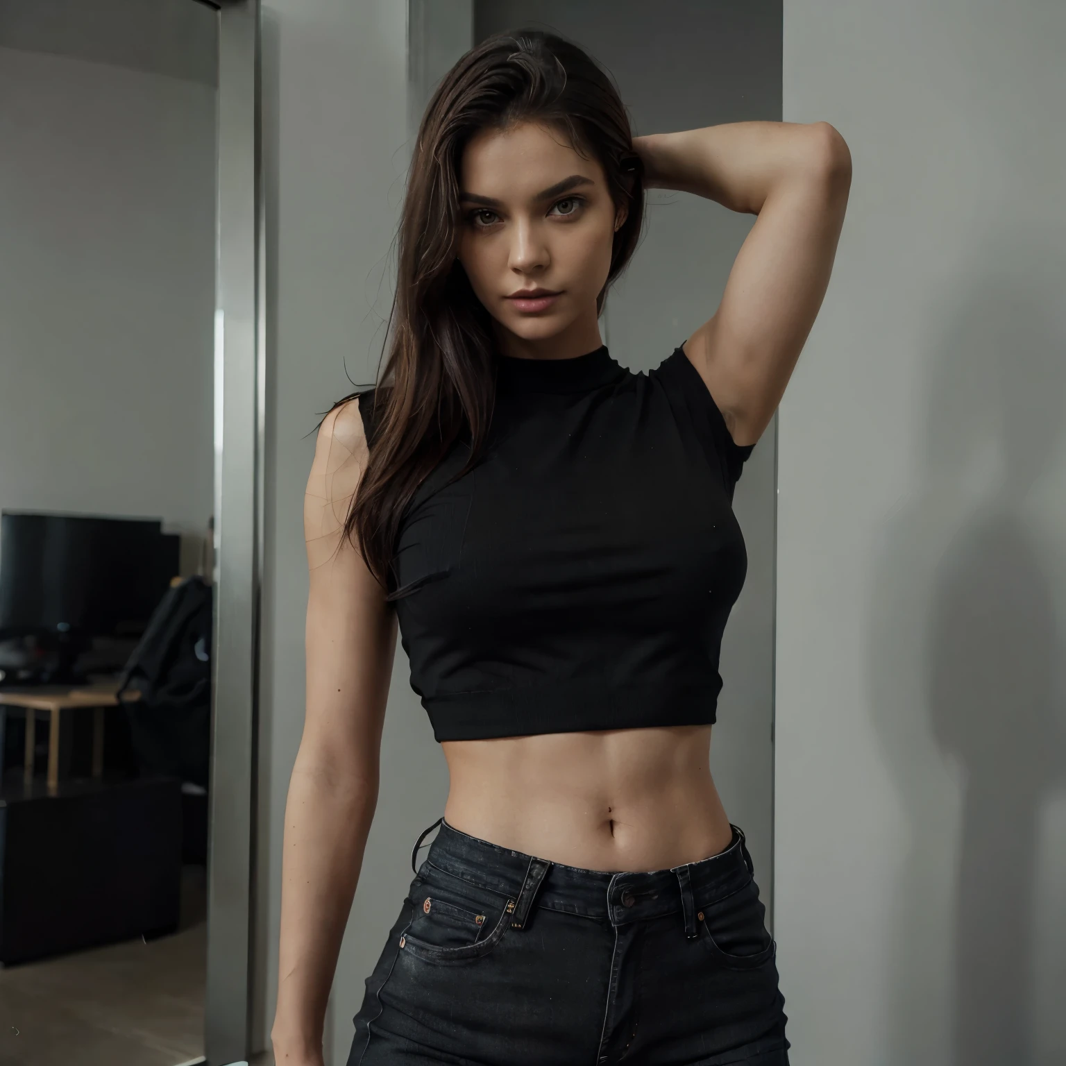 Android 18 de top preto e shorts jeans posando para uma foto, corpo perfeito e cara, corpo perfeito, corpo lindo e cara, rosto e corpo perfeitos, she is wearing a black blouse, ,  e cara, sensual , regata preta apertada, corpo atraente, vestindo roupas apertadas, Great body, realista, Realismo, ((ultra realista)), ((detalhado)) 