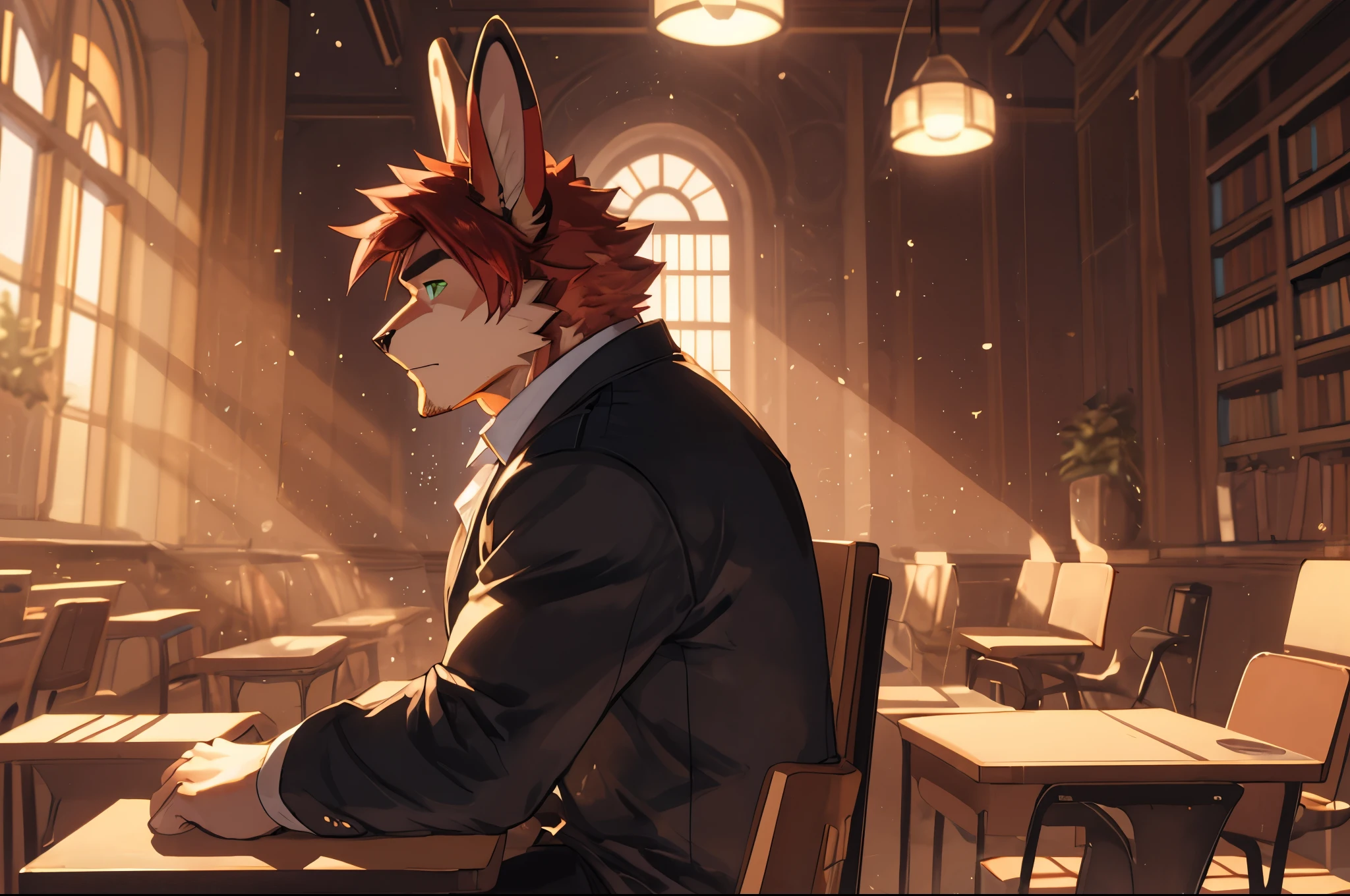 (perfect face, bara furry, rabbit man, big body, cardinal skin, short quiff red hair, green eyes, perfect eyes, big rabbit ears, handsome, at school) with (perfect face, bara furry, rabbit man, big body, light brown skin, short quiff red hair, green eyes, perfect eyes, big rabbit ears, handsome, at library