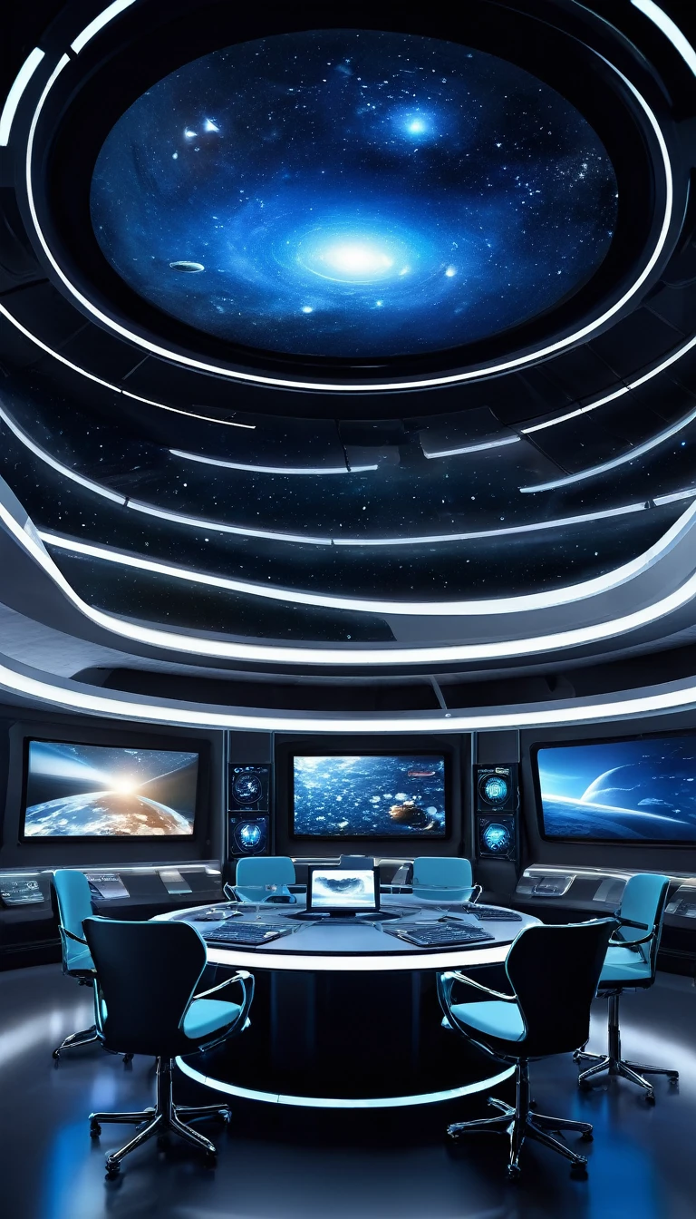 The image depicts a futuristic control room that resembles the interior of a space station or a command center for an interstellar mission. The room is designed with a sleek, modern aesthetic, featuring a large, curved window that offers a panoramic view of the cosmos, complete with stars, planets, and possibly a distant galaxy.
Inside the room, there are several workstations equipped with advanced technology. Each station has a large screen displaying various pieces of data, likely related to navigation, communication, and other critical aspects of space travel. The screens are bright and colorful, suggesting they are displaying real-time information.
In the center of the room, there is a circular table with a holographic interface, which could be used for collaborative decision-making or for analyzing data in a three-dimensional space. The table is surrounded by chairs, indicating a collaborative workspace.
The lighting in the room is soft and ambient, with the main source of light coming from the screens and the holographic interface, creating a calm and focused atmosphere. The overall design of the room suggests a high level of technological sophistication and a focus on functionality and efficiency.
This image could be from a concept design for a science fiction movie, a video game, or a themed attraction, where the goal is to create an immersive experience that simulates the operation of a spacecraft or space station.