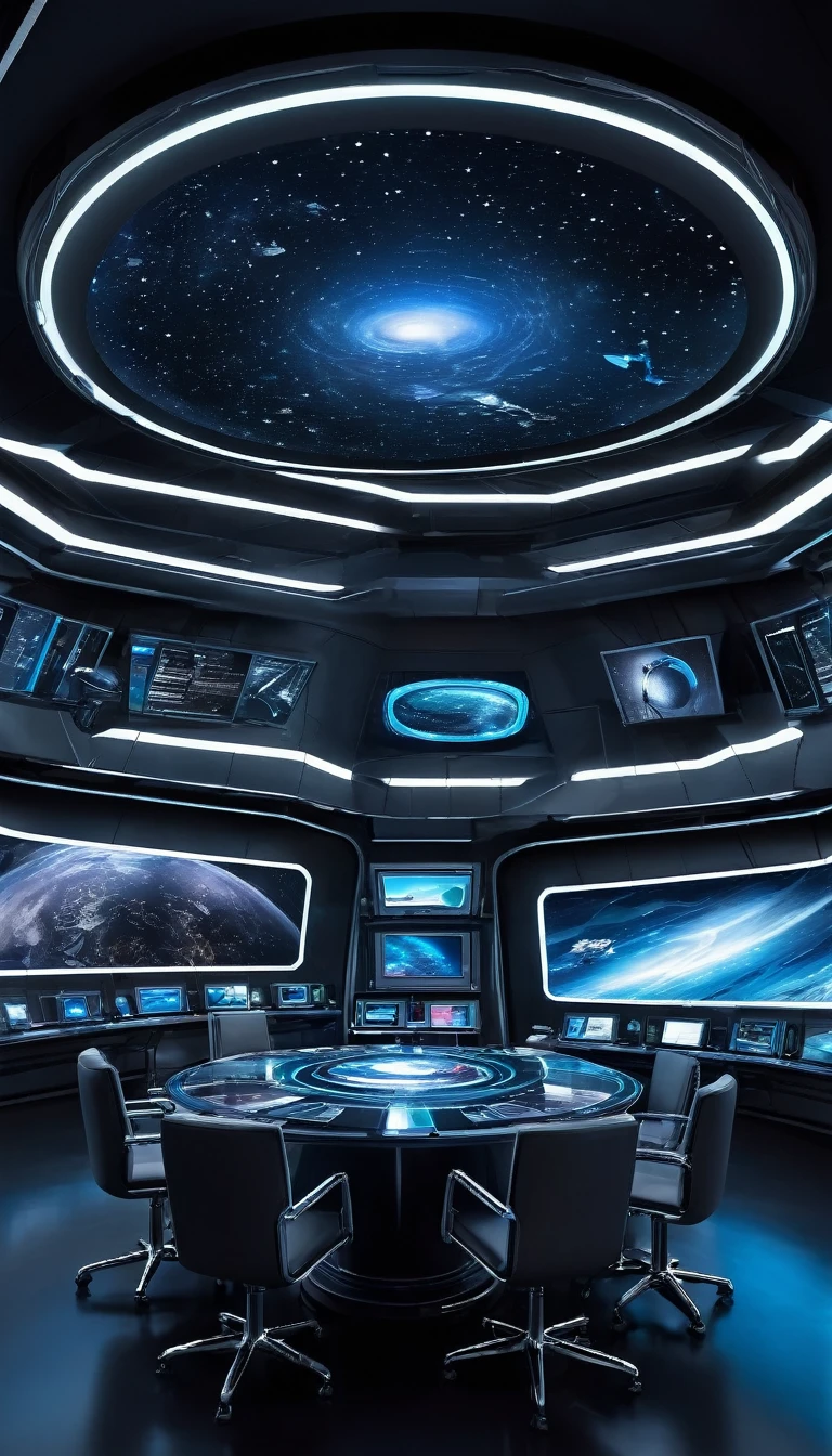 The image depicts a futuristic control room that resembles the interior of a space station or a command center for an interstellar mission. The room is designed with a sleek, modern aesthetic, featuring a large, curved window that offers a panoramic view of the cosmos, complete with stars, planets, and possibly a distant galaxy.

Inside the room, there are several workstations equipped with advanced technology. Each station has a large screen displaying various pieces of data, likely related to navigation, communication, and other critical aspects of space travel. The screens are bright and colorful, suggesting they are displaying real-time information.

In the center of the room, there is a circular table with a holographic interface, which could be used for collaborative decision-making or for analyzing data in a three-dimensional space. The table is surrounded by chairs, indicating a collaborative workspace.

The lighting in the room is soft and ambient, with the main source of light coming from the screens and the holographic interface, creating a calm and focused atmosphere. The overall design of the room suggests a high level of technological sophistication and a focus on functionality and efficiency.

This image could be from a concept design for a science fiction movie, a video game, or a themed attraction, where the goal is to create an immersive experience that simulates the operation of a spacecraft or space station.