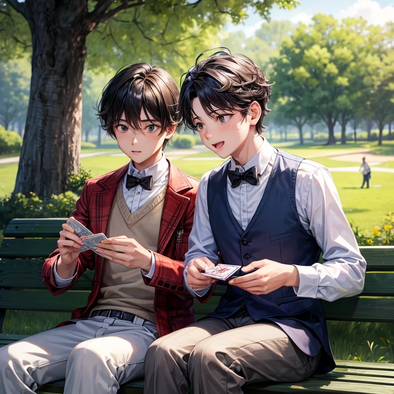 two boys in the park playing cards 