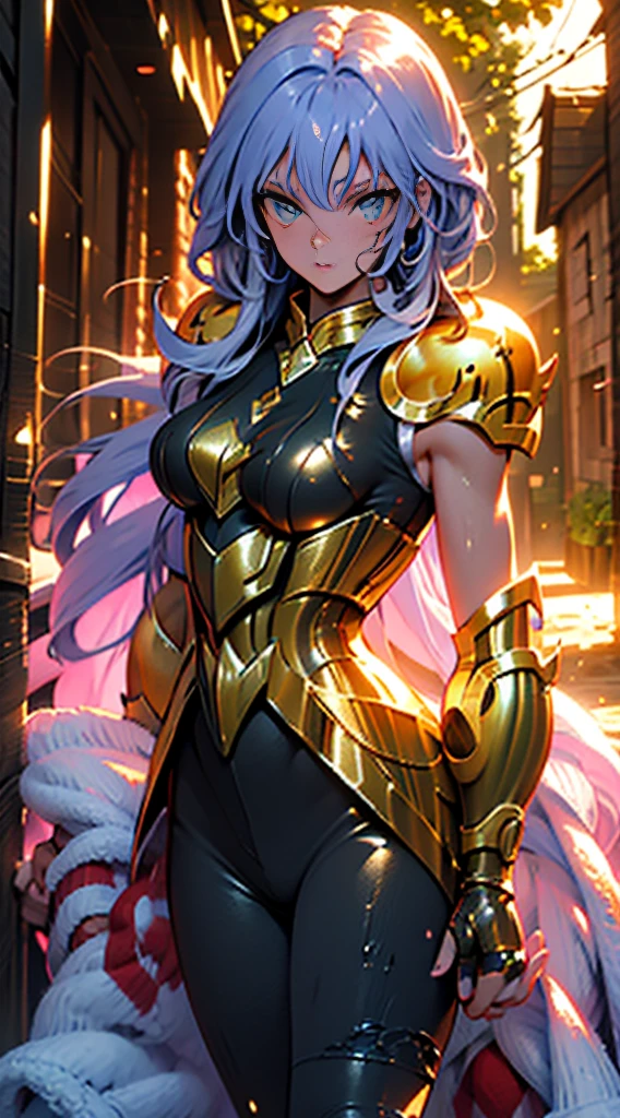 Create the image of a stunning woman with long, straight hair and wearing imposing armor. She is depicted in a majestic pose, with her wavy hair falling gently over her shoulders. Her armor is a work of art, with intricate details and elegant embellishments, reflecting the sunlight that streams through the nearby trees,Her eyes convey a mix of determination and grace as she wields a sword or shield with confidence. In the background, a picturesque setting of lush natural landscape, with distant mountains and a clear blue sky. This woman is not only a skilled warrior, but also a vision of beauty and strength